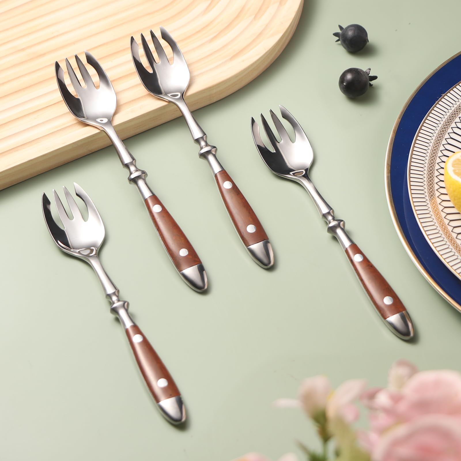 Premium 18/8 Stainless Steel Sporks Set of 4 - Durable Salad Forks & Spoons with Comfortable Wood Grain Bakelite Handle - Perfect for Picnics, Camping, BBQs, Office Lunches & Home Dining (Salad, Fruit, Dessert, Appetizer)