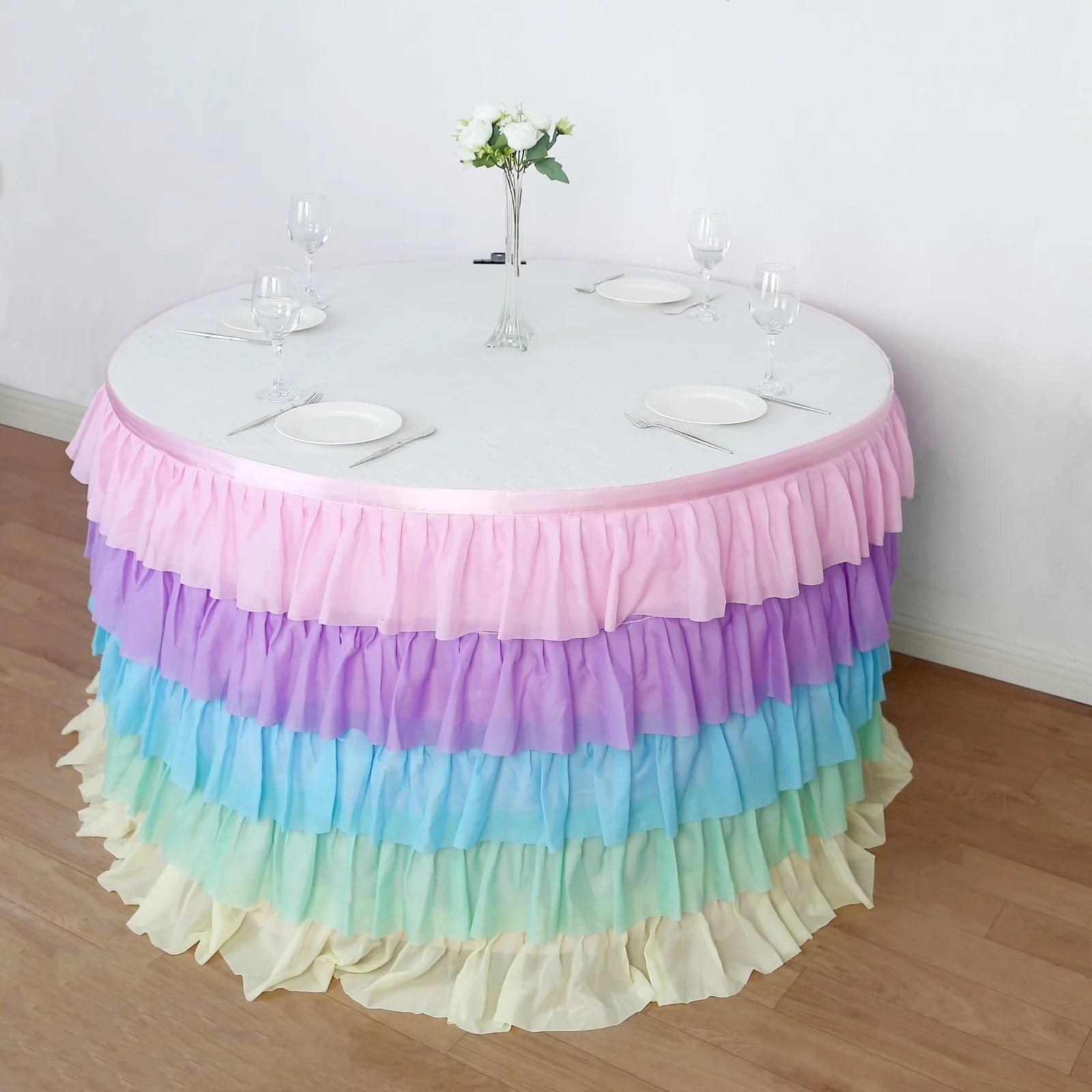 14 ft Chiffon 5 Tier Ruffled Tutu Table Skirt with Satin Backing - Elegant Party Decor for Weddings, Baby Showers & Banquets