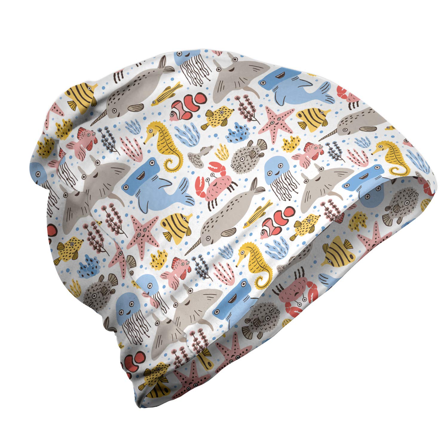 Ambesonne Unisex Beanie - Doodle Sea Animal Design, Warm Winter Hat for Men & Women, White Multicolor Knit Cap - Perfect for Hiking, Outdoor Activities & Cold Weather Fashion