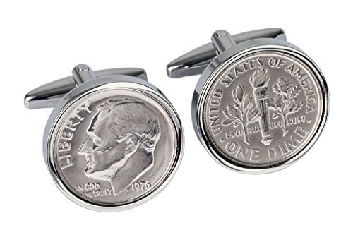 1976 US Mint Coin Cufflinks - Rhodium Plated Genuine Coin Birthday Gift for Men (Ideal for Weddings, Anniversaries & Formal Events)