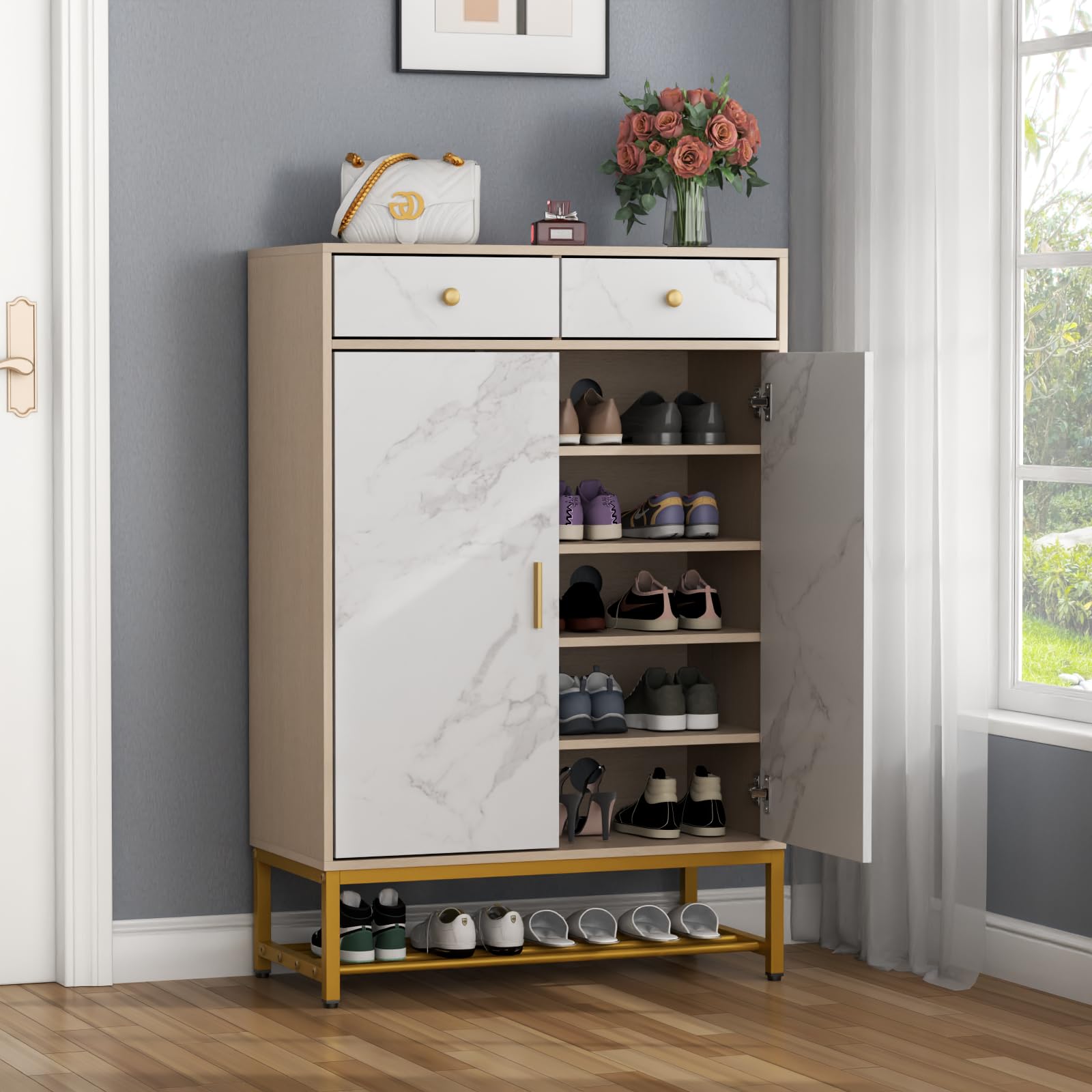 6-Tier Shoe Storage Cabinet with Doors & Drawers - Adjustable Shelves Shoe Organizer, Faux Marble Pattern Entryway Shoe Rack for Hallway, Living Room, Bedroom - Light Walnut Finish | Perfect for Small Spaces & Clutter-Free Home Organization