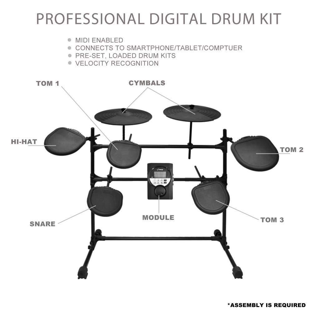 Pyle PED021M 9-Piece Electronic Drum Set with 5 Drum Pads, 2 Cymbal Pads, Hi-Hat, Bass Pedal & Stand - Professional/Beginner Drum Kit for Home Practice & Stage Performance