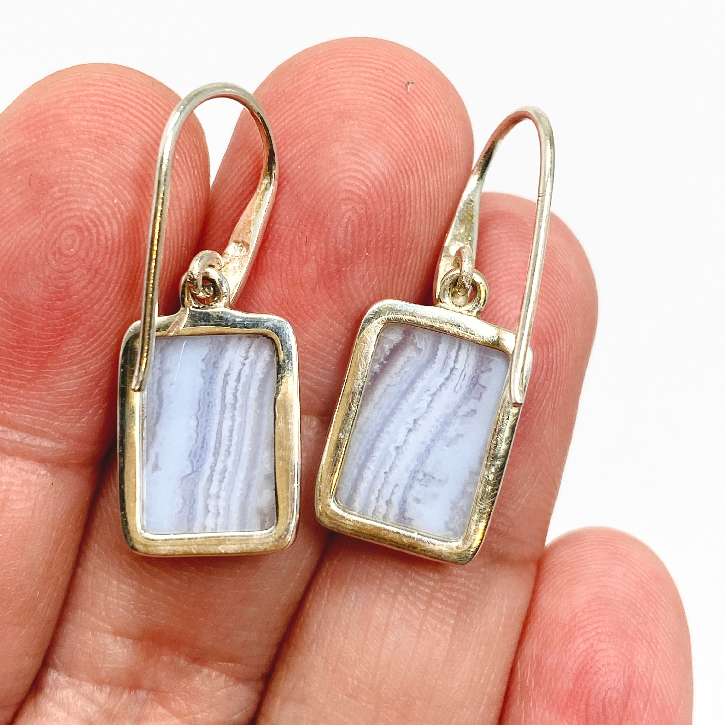 Blue Lace Agate Rectangular Cabochon Earrings - Handmade Sterling Silver Dangle Earrings for Women | Perfect for Weddings, Parties & Everyday Elegance