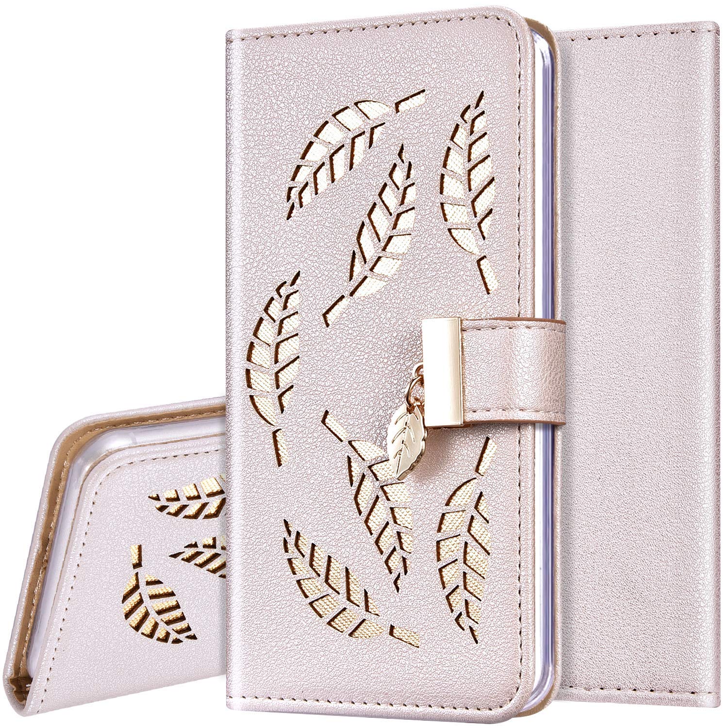 Luxury Glitter PU Leather Wallet Case for iPhone 7 Plus/8 Plus - Gold Leaf Embossed Flip Cover with Card Slots & Stand Function | Elegant Protective Phone Case for Women & Men | Perfect for Daily Use, Business, Travel & Shopping | Great Gift for Birthday, Christmas & Holidays | Ideal for Office, Commuting & Parties | Use at Work, School & Special Occasions