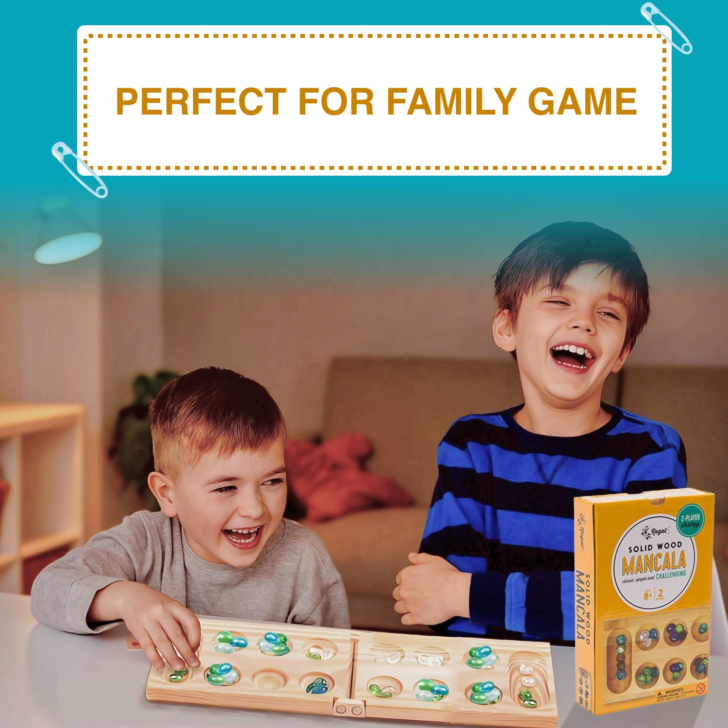 Regal Games Mancala Board Game - Wooden Set with 48 Glass Beads for 2 Players - Perfect for Family Game Night & Travel