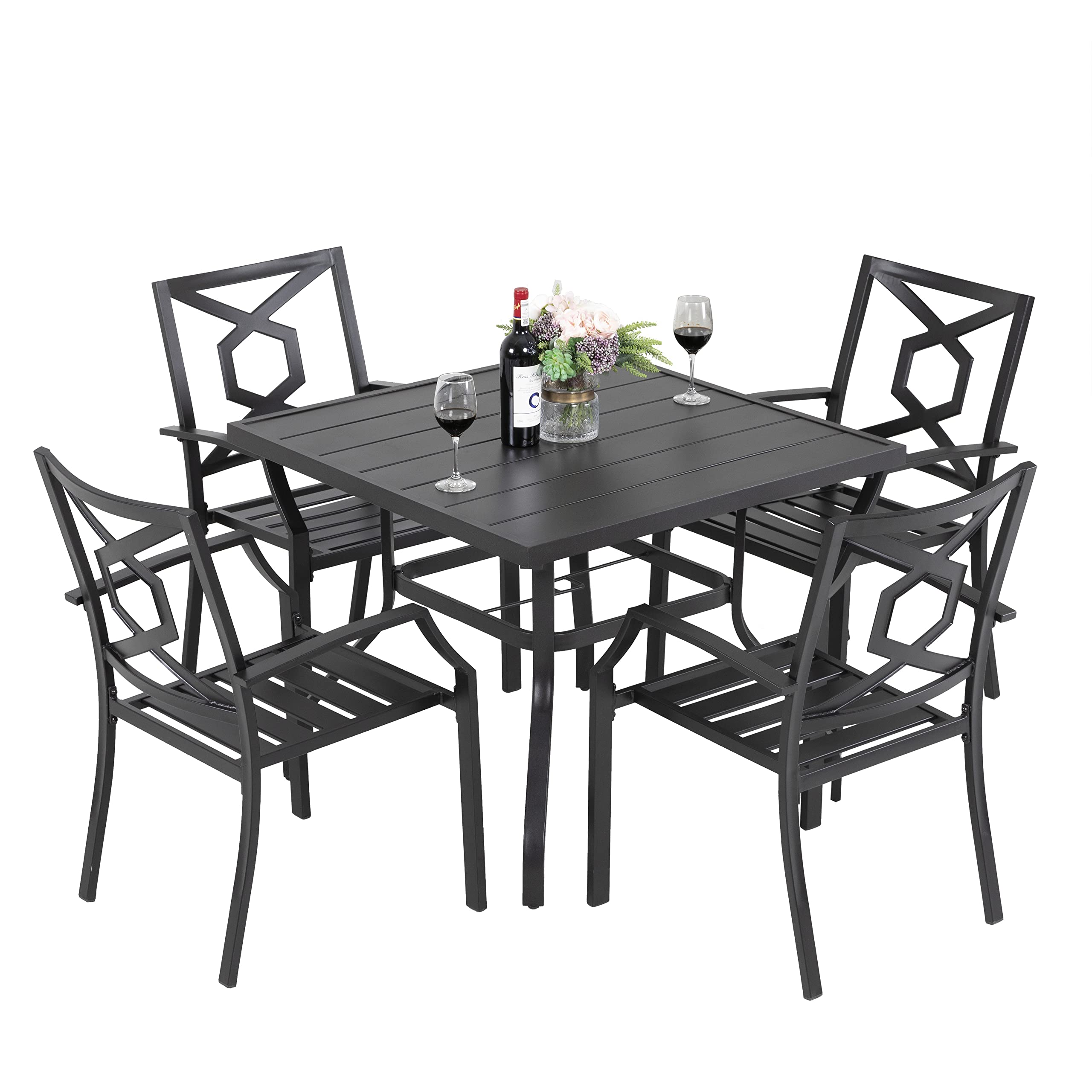 NUU GARDEN 5-Piece Black Wrought Iron Outdoor Dining Set with Square Table & 4 Stackable Chairs - Patio Furniture with Umbrella Hole for Lawn, Backyard, Balcony, Garden & Poolside Dining