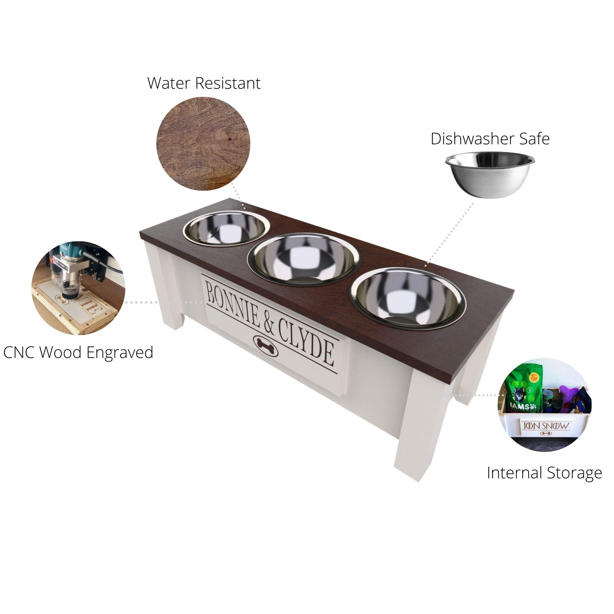 Personalized Elevated Triple Dog Bowl Stand for Large, Medium, Small & X-Small Dogs - 3 Stainless Steel Food & Water Bowls with Internal Storage - Ergonomic Raised Feeder for Better Digestion (Small, Black) - Perfect for Kitchen, Living Room or Outdoor Use