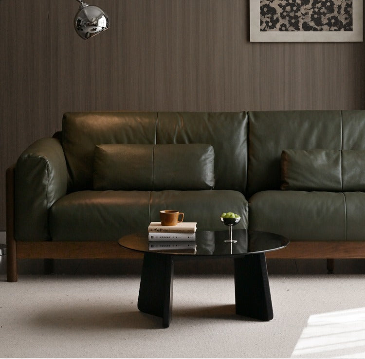 Modern Black Walnut Solid Wood Leather Sofa - Luxury Living Room Furniture for Home & Office Decor