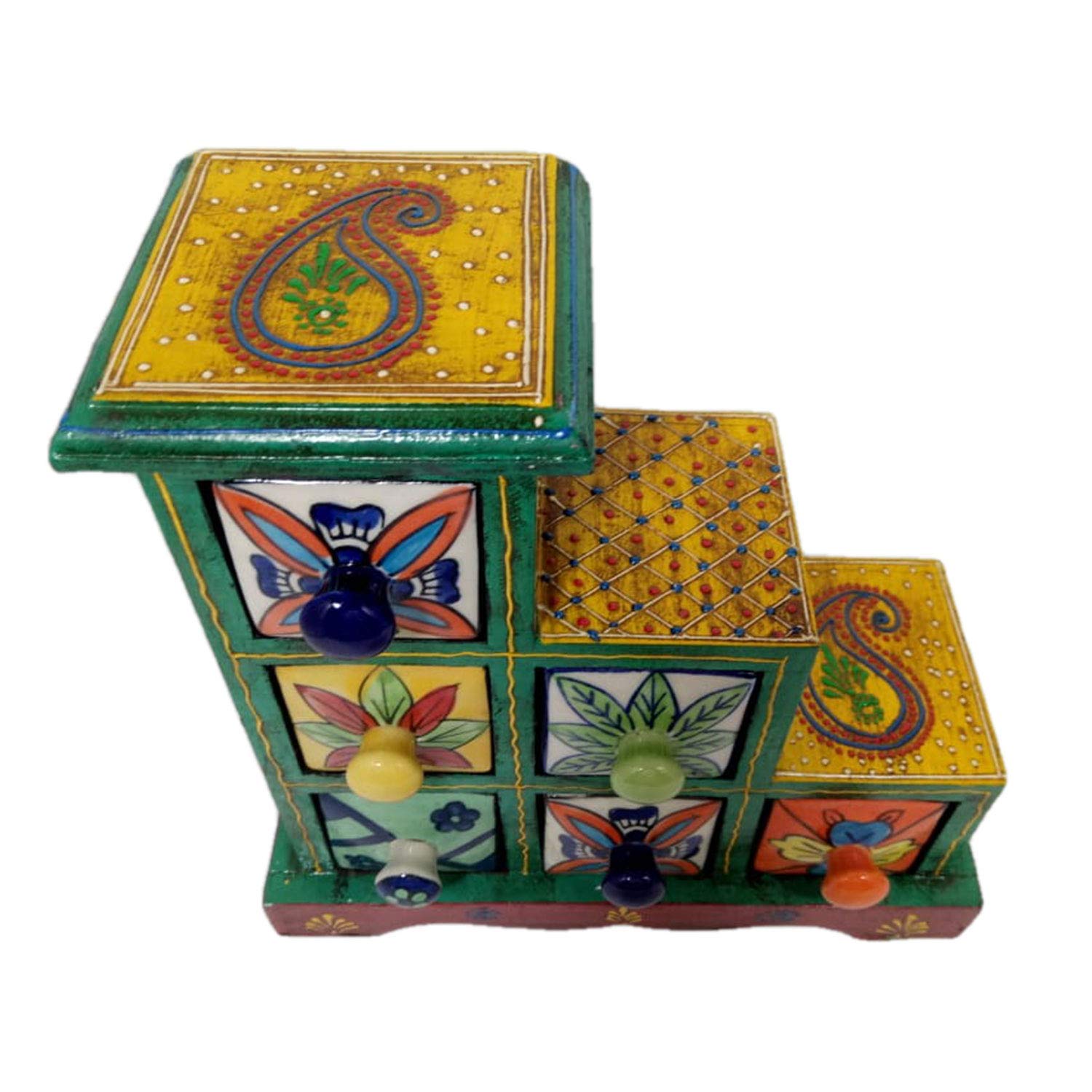 Handmade 6-Drawer Decorative Chest - Green Christmas Handicraft by Award-Winning Indian Artisan | Perfect Holiday Gift for Home & Office Decor