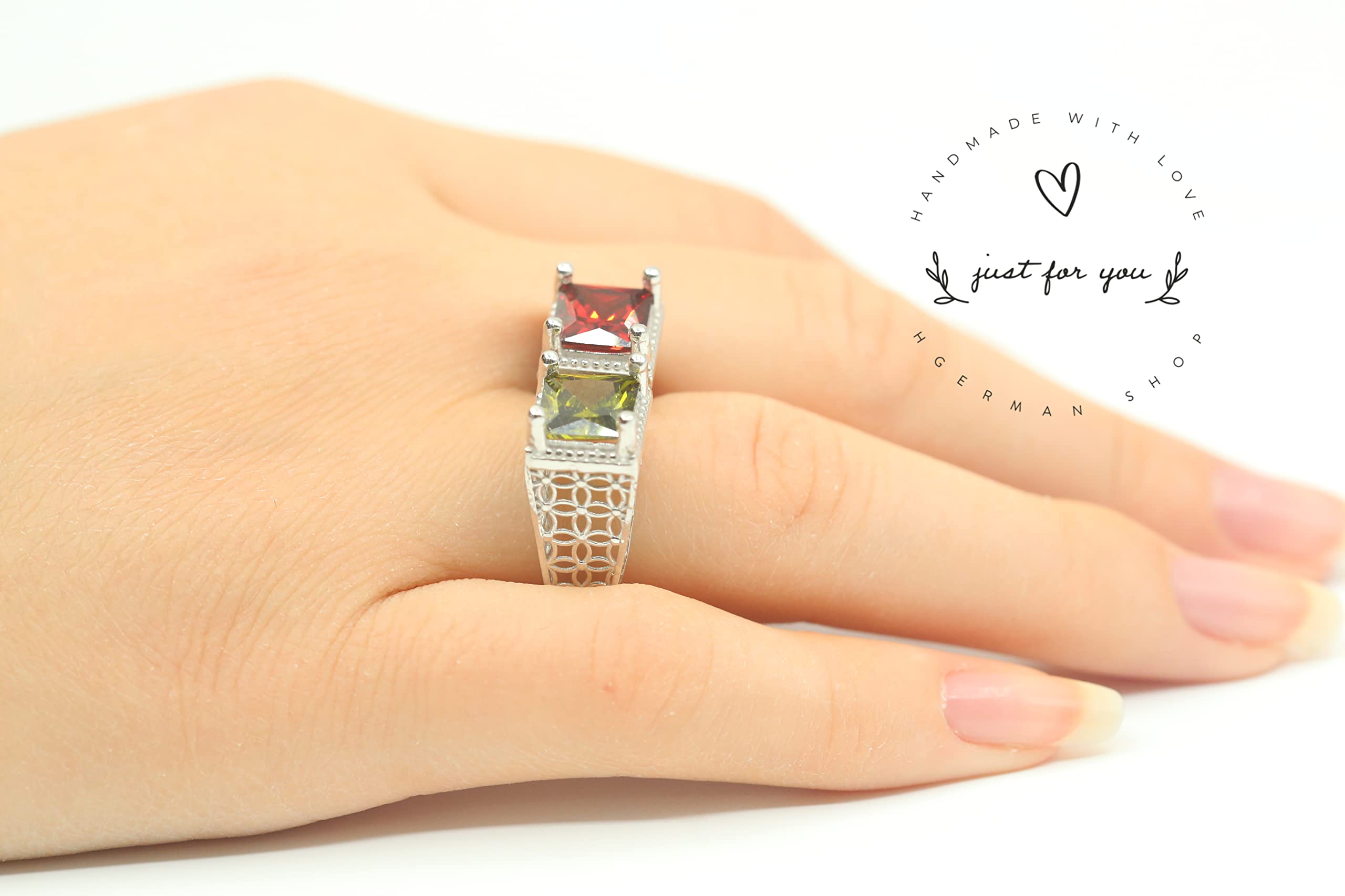 Exquisite Square Cut Ruby & Olive Green Sterling Silver Reversible Ring - Handmade Two-Sided Jewelry for Women | Unique 2 Stone Ring Gift for Her | Perfect for Date Nights, Anniversaries & Special Occasions