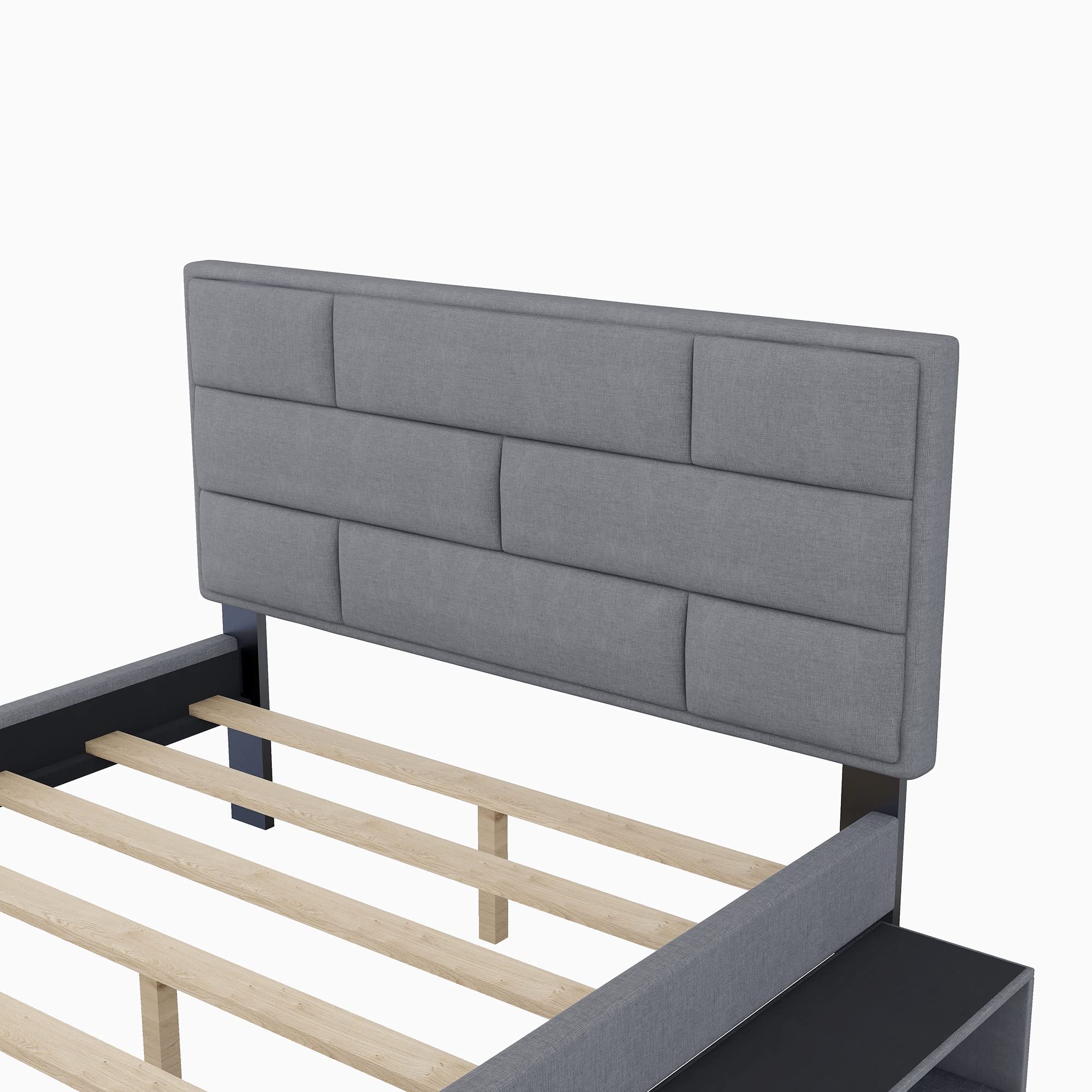 Linen Upholstered Platform Bed Frame with Storage Drawer & Shelves - Full Size Twin Wood Bed Frame in Gray | Modern Bedroom Furniture for Small Spaces & Guest Rooms
