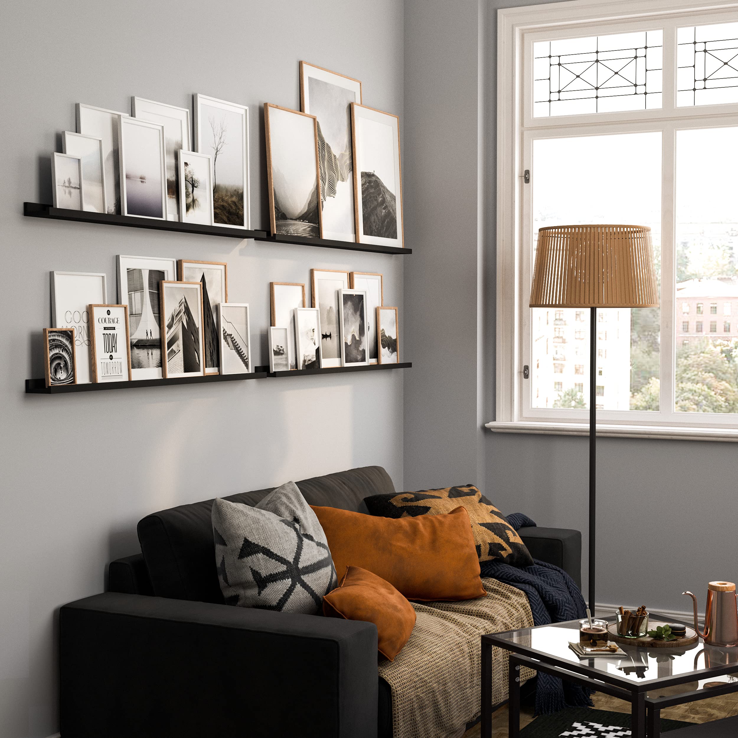 Wallniture Denver 46-Inch Floating Wall Shelves Set of 4 - Black Picture Ledge Shelf for Picture Frames, Home Decor & Display - Perfect for Living Room, Bedroom & Office Organization