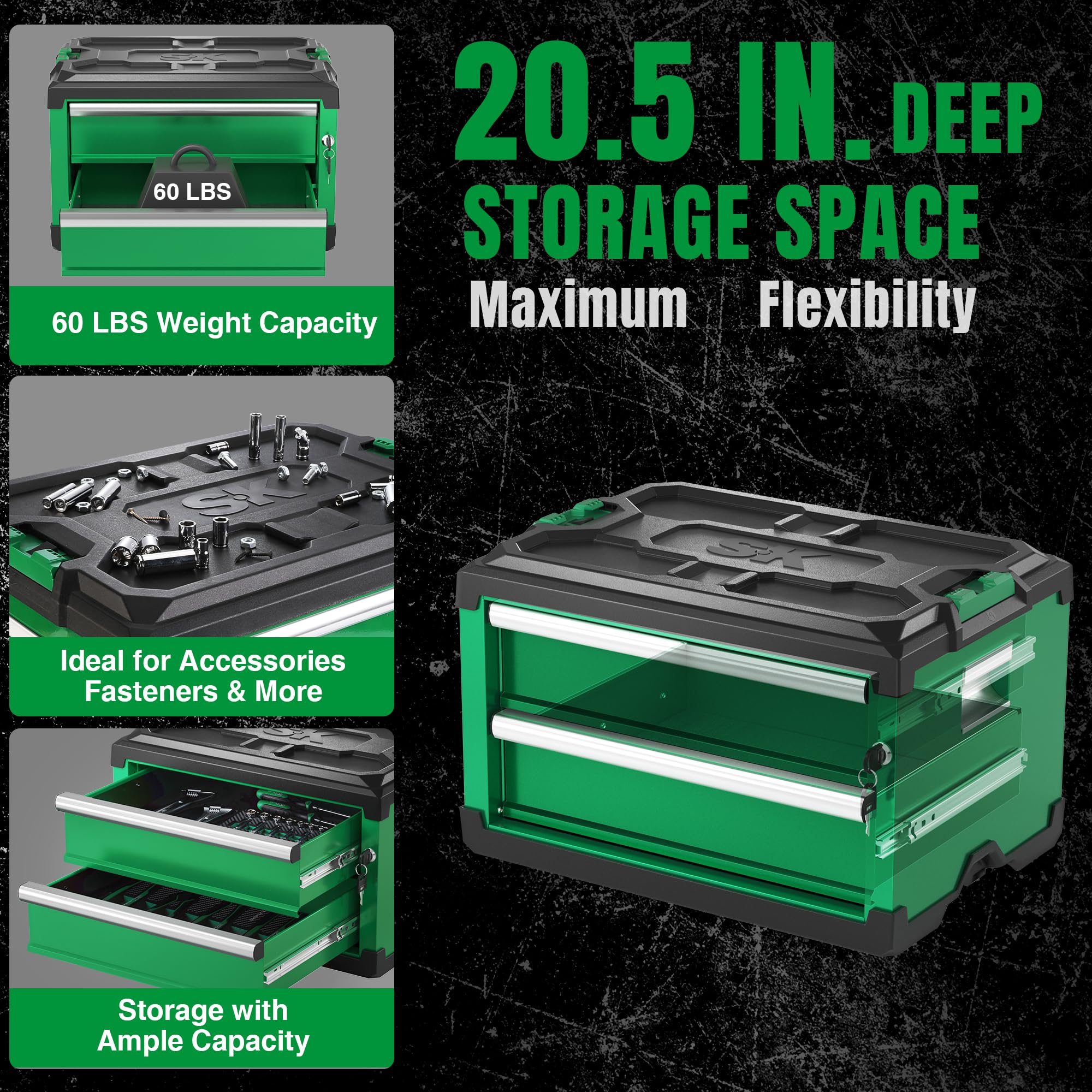 SK Modular Stackable Storage Tool Box - 20.5 Inch 2-Drawer Steel Tool Chest with Patented Auto-Lock Mechanism, Heavy Duty 60 Lbs Capacity - Perfect for Garage Organization, Workshop Storage & DIY Projects