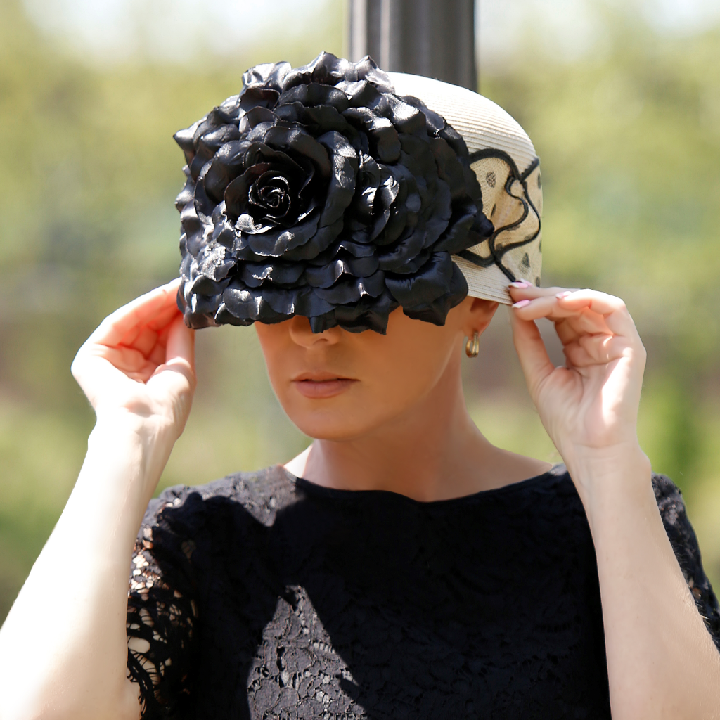 NA331210 Women's Fashion Tan & Black Dress Hat - Elegant Wide Brim Sun Hat for Outdoor, Beach, Wedding & Party Occasions