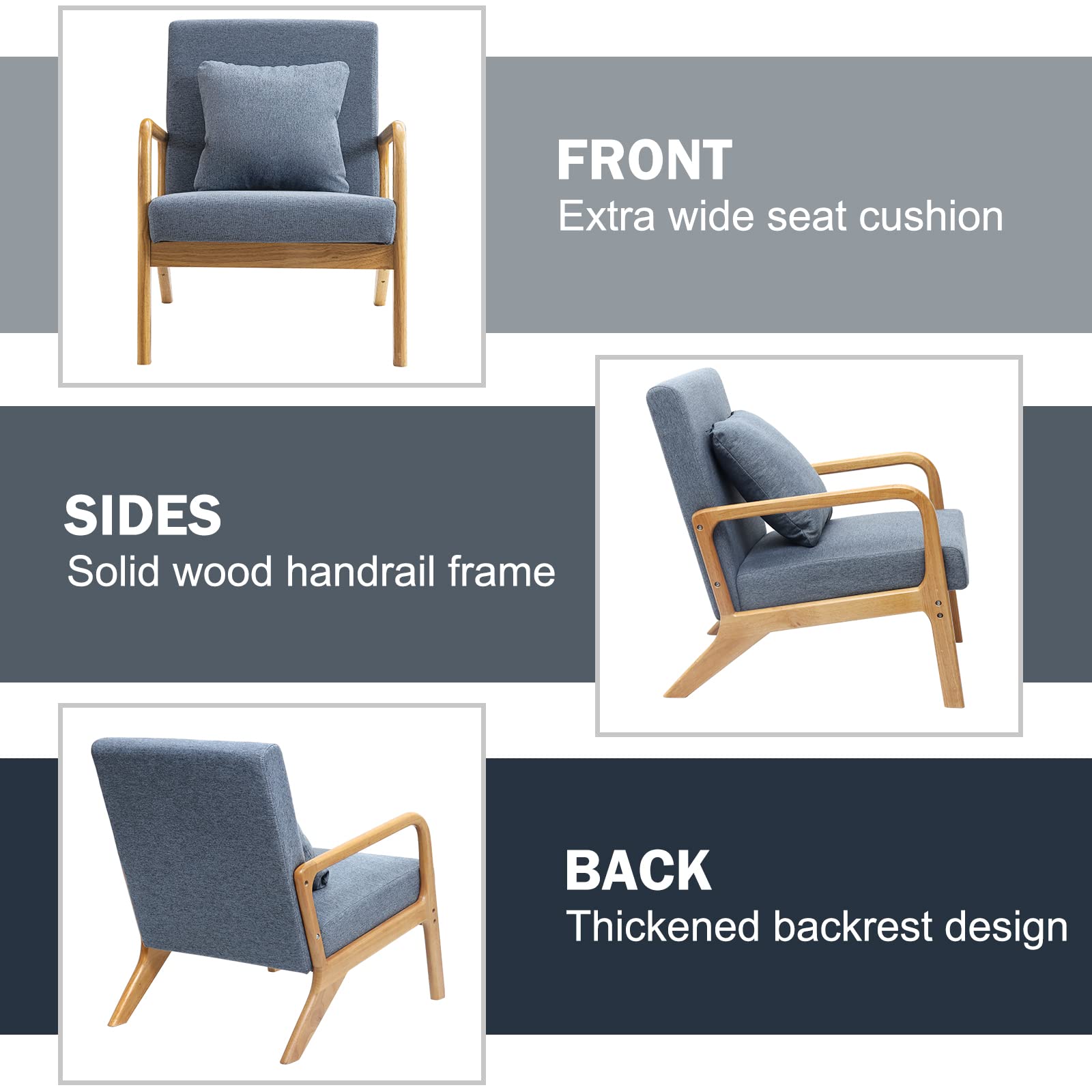 Mid-Century Modern Accent Chair - Solid Wood Frame Armchair with Soft Cushion & Pillow - Comfortable Deeper Sitting Chair for Living Room, Bedroom, Balcony - Perfect for Relaxing, Reading & Home Decor (Navy Blue)
