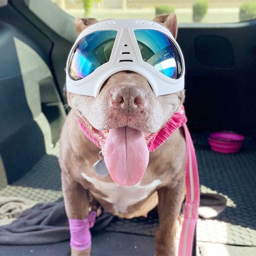 Tactical Dog Goggles for Large Dogs - UV Protection Sunglasses with Soft Frame & Adjustable Strap for Summer Driving & Winter Snow - White Pet Eye Protection for Medium to Large Breed Dogs
