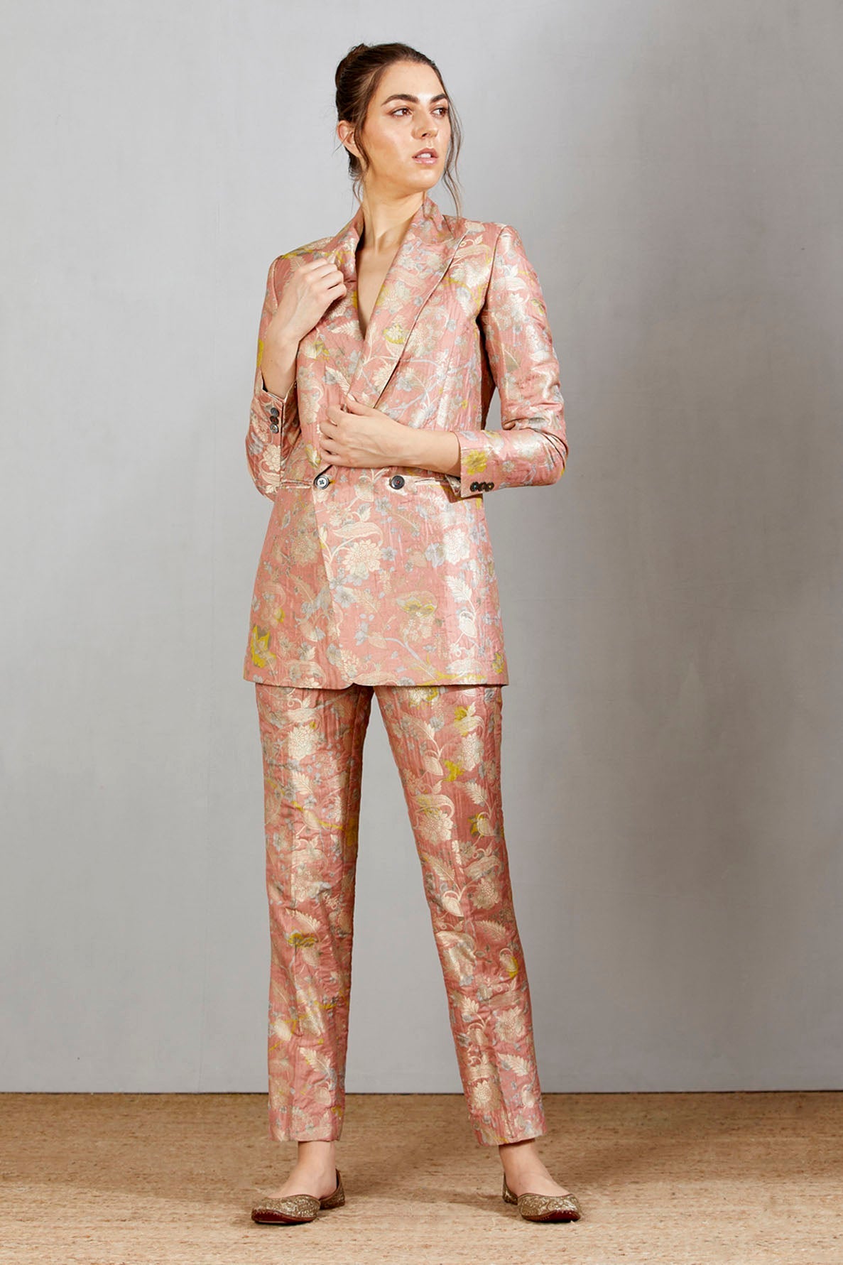 Double Breasted Silk Brocade Blazer in Salmon Pink | Women's Formal Business Jacket | Perfect for Office Wear, Weddings & Special Occasions