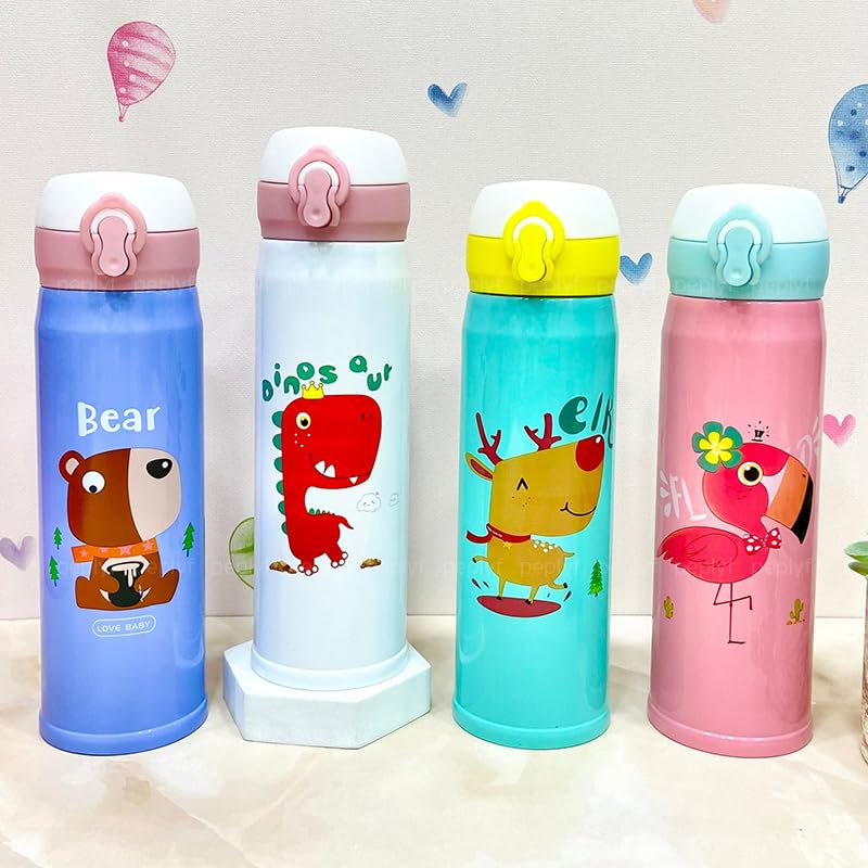 Stainless Steel Insulated Water Bottle for Kids - 420ml Leak Proof Cute Flamingo Design | BPA Free | Perfect for School, Picnic, Sports & Outdoor Activities | Pink