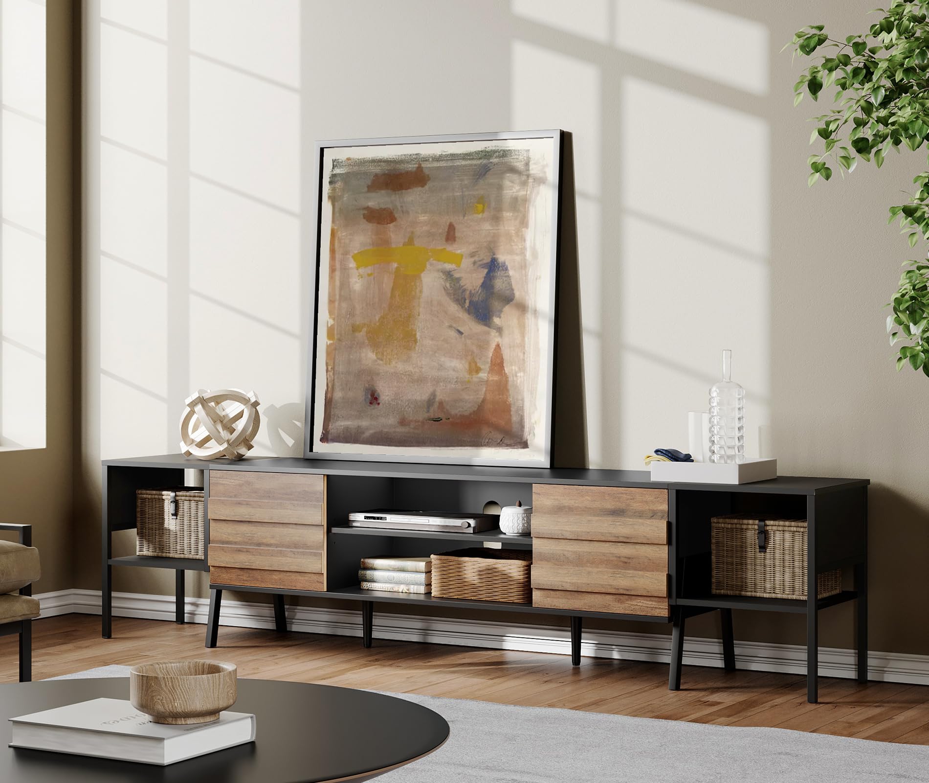 WAMPAT Mid-Century Modern TV Stand for 85-95 Inch TVs, Wood Entertainment Center with Storage - Media Cabinet for Living Room & Bedroom (Black & Oak) - Perfect for Home Theater & Family Movie Nights
