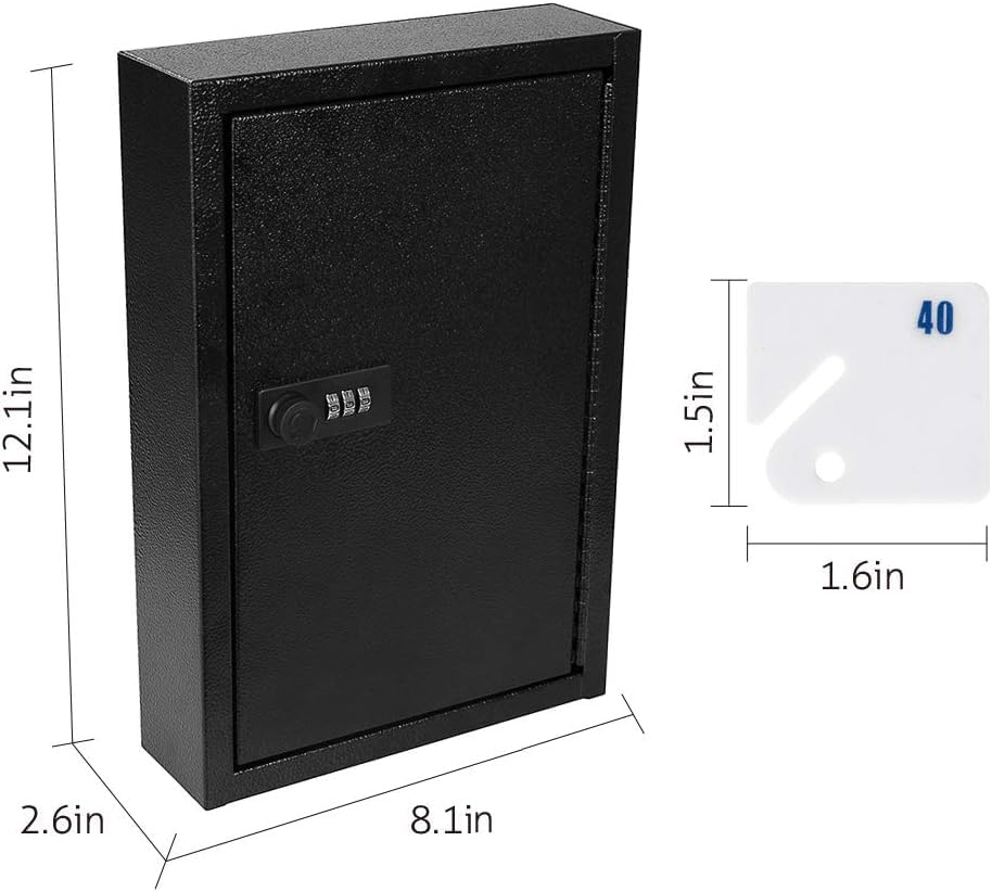 Wall Mount Key Storage Box with Combination Lock - 40 Key Hooks, Steel Key Cabinet for Home & Office Security (Black) | Ideal for Key Organization in Apartments, Hotels, and Rental Properties