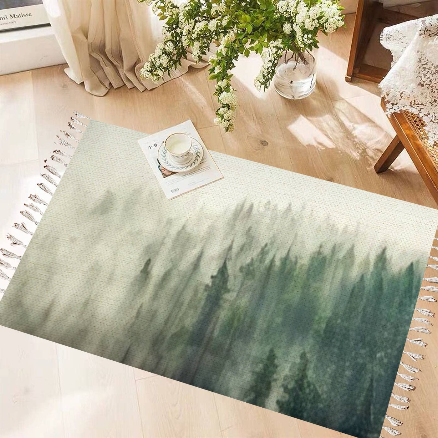 Vintage Cotton & Linen Tassel Rug - Forest Panorama Boho Style Washable Woven Area Mat for Kitchen, Bathroom, Outdoor Use | Perfect for Bohemian Home Decor, Entryway Runner, and Cozy Living Room Accent