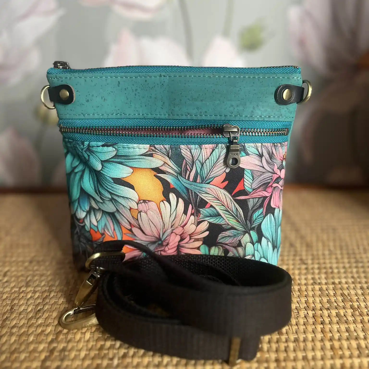 Izzy's Mom Cross Body Bag (Medium) - Turquoise Cork with Sunlit Dahlias Print & Brushed Antique Finish | Stylish Women's Purse for Everyday Use, Travel & Casual Outings