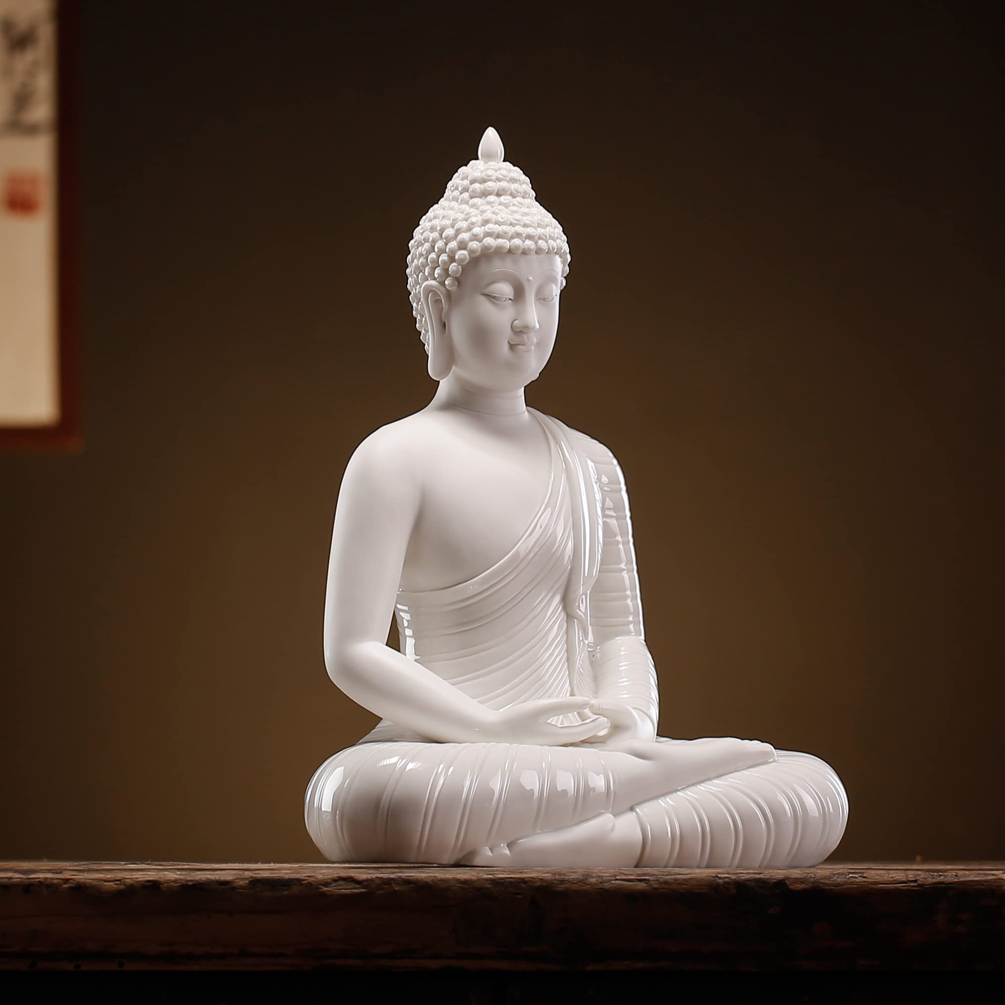 Qinlang 12 Inch White Ceramic Buddha Statue - Zen Meditation Decor for Home, Office & Garden - Perfect for Yoga Rooms, Meditation Spaces & Asian-Inspired Interior Design