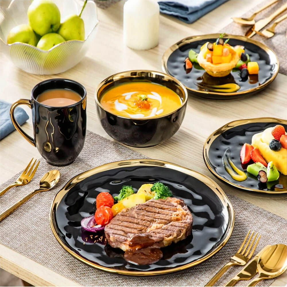 Premium Mendocino Stoneware Dinnerware Set - 16-Piece Ceramic Plates, Bowls & Mugs - Durable & Stylish for Everyday Dining, Entertaining & Restaurant Use