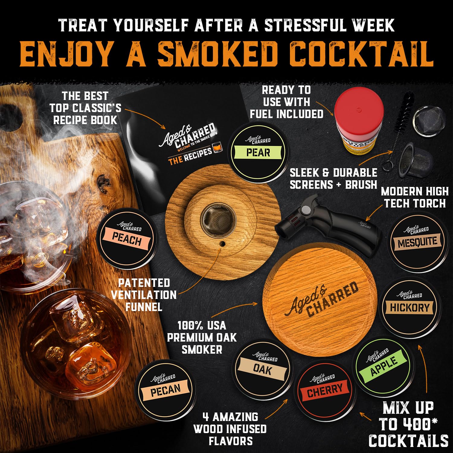 Premium Whiskey Cocktail Smoker Kit with Torch & 8 Flavored Wood Chips - American Oak Cocktail Smoker for Old Fashioned & Bourbon Drinks - Butane Included - Perfect for Home Bars, Gifts for Men & Cocktail Enthusiasts