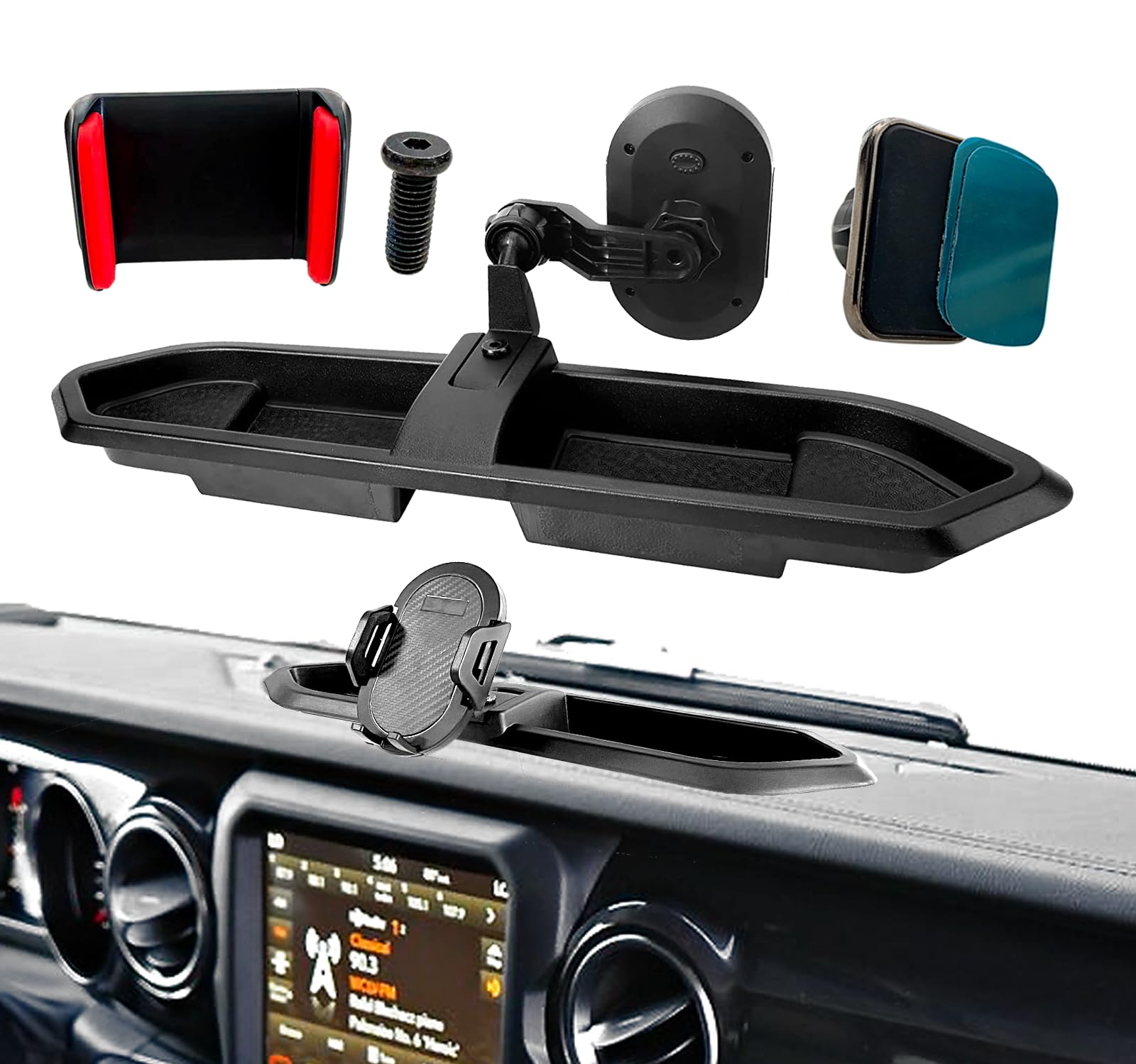 Jeep Wrangler JL & Gladiator JT Phone Mount Holder (2018-2023 Models) - Heavy Duty Dash Tray Mount with Adjustable Extension Arm & Metal Rod - Universal Smartphone Accessories - Perfect for Off-Road Adventures & Daily Commuting (Excludes 4XE/Oil-Electric Models)