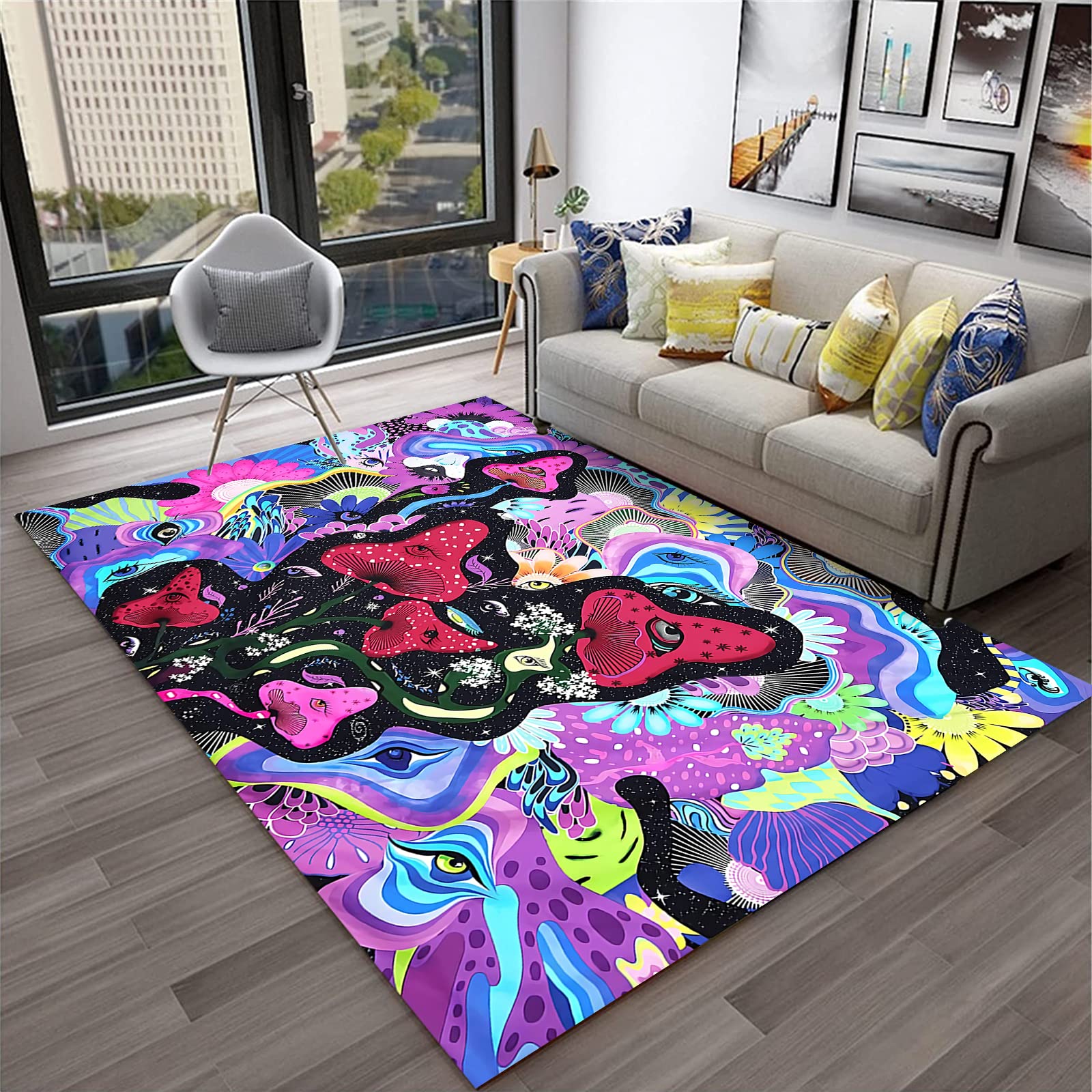 LGGQQW Bohemian Mushroom Area Rug with Hippie Eyes & Colorful Flower Stars - Soft Non-Slip Living Room Carpet for Bedroom, Dorm, or Meditation Space