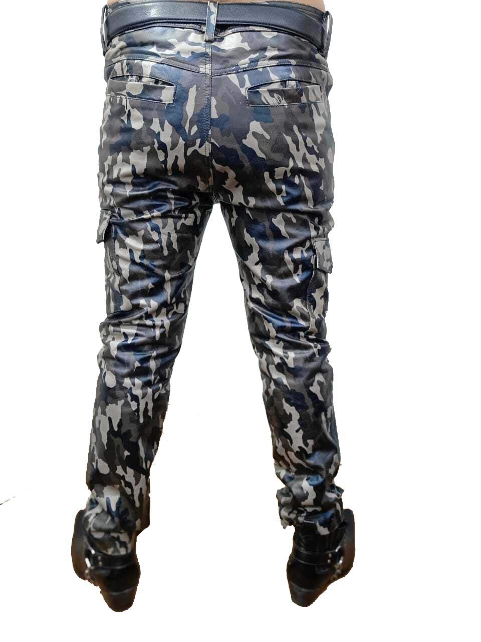 **Men's Genuine Cowhide Camouflage Leather Pants – Military Cargo Trousers with Pockets for Outdoor, Hunting & Adventure**