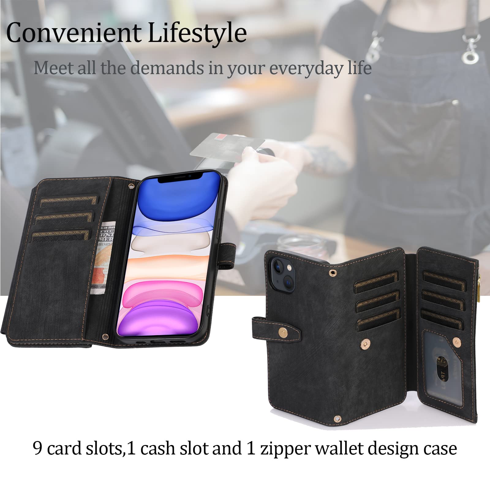 Premium Zipper Leather Wallet Case for iPhone 13 (6.1 Inch) with Wrist Strap - RFID Blocking Flip Cover Phone Case for Women & Men - Perfect for Travel, Shopping & Everyday Use (Black)