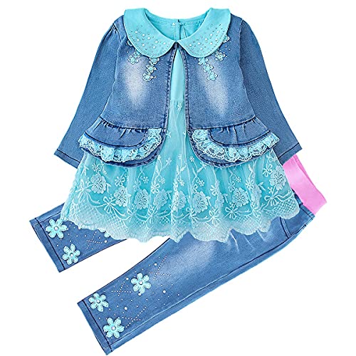 Peacolate 3-Piece Baby Girls Outfit Set - Long Sleeve T-Shirt, Denim Jacket & Jeans for Spring & Autumn | Cute Toddler Clothes for Playdates, Family Photos & Everyday Wear