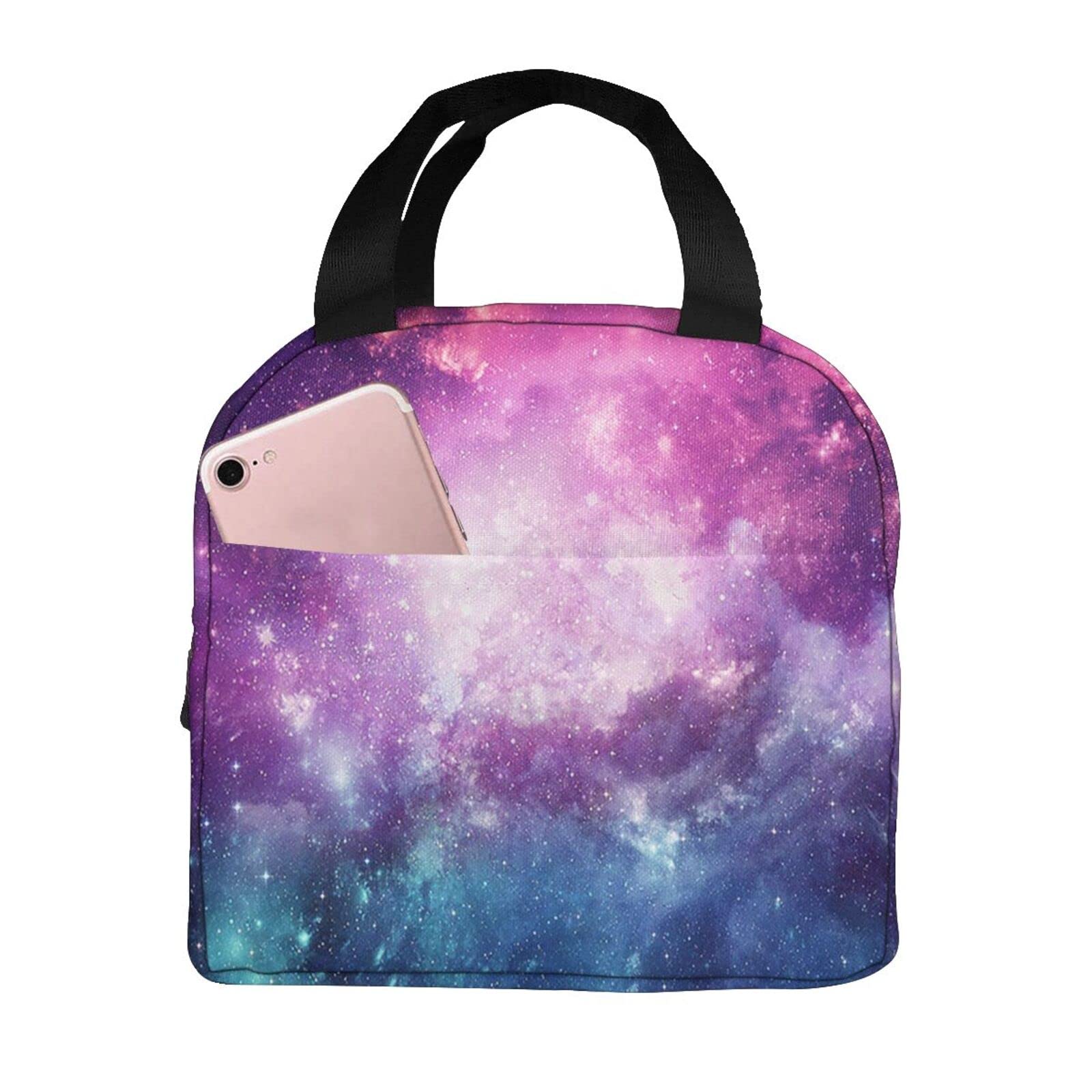 Meledre Insulated Lunch Bag for Women & Men - Purple Galaxy Pattern Tote Lunch Box with Thermal Insulation, Black, One Size (10806) - Perfect for Work, School, Picnics & Outdoor Activities