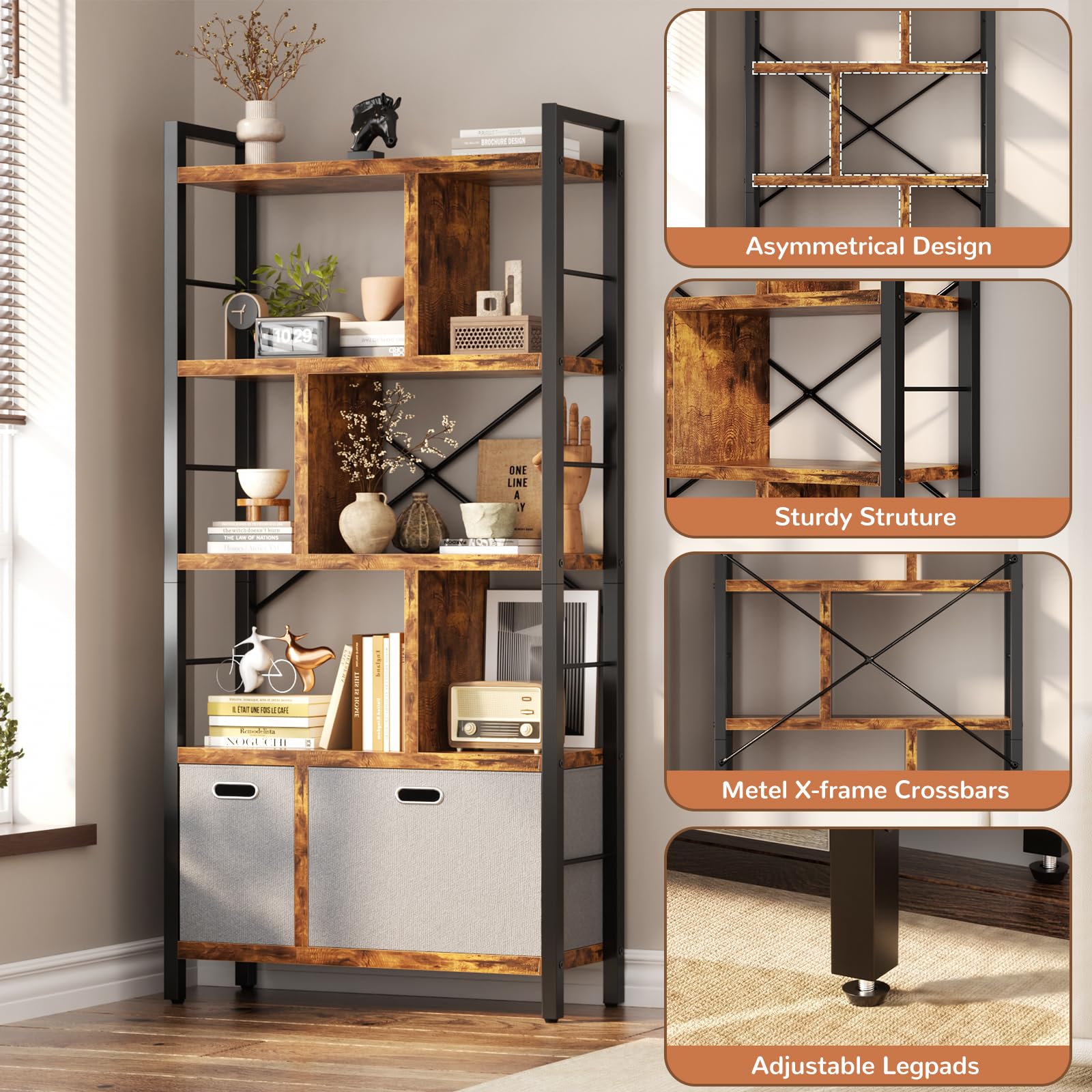 Armocity 5-Tier Geometric Bookcase with Drawers - Modern Tall Bookshelf with Storage, Rustic Brown Wooden Display Shelf for Living Room, Bedroom & Home Office - Perfect for Organizing Books, Decor & Office Supplies