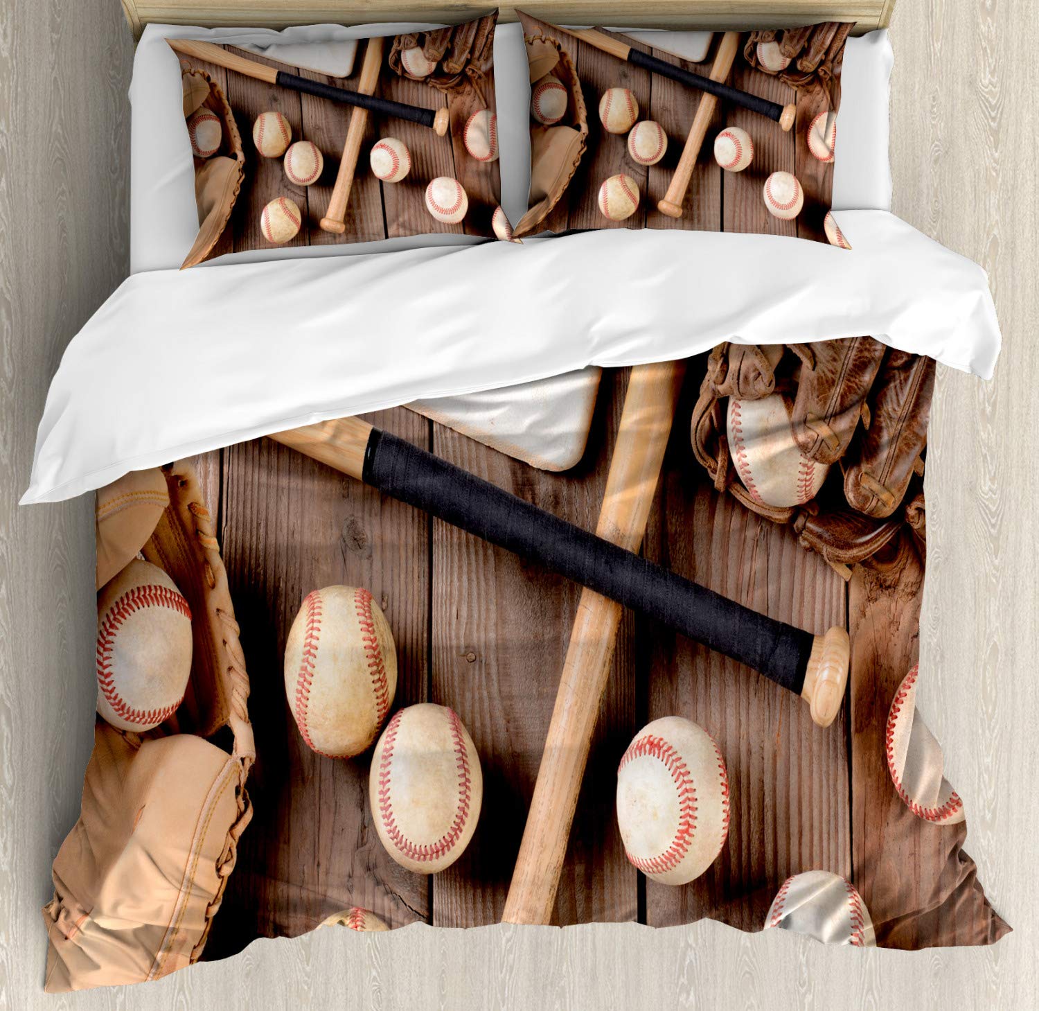 Ambesonne Baseball Duvet Cover Set - Sports Themed Bedding with Bats, Balls & Gloves Print - 3 Piece California King Size (Duvet Cover + 2 Pillow Shams) in Brown & Pale Brown - Perfect for Sports Fans' Bedrooms, Game Room Decor & Baseball Themed Gifts