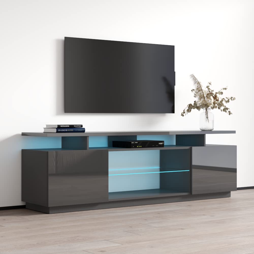 Modern Eva K TV Stand with Matte Glossy Finish - High Gloss Entertainment Center with Storage Cabinets & LED Lights - Media Console for TVs Up to 80