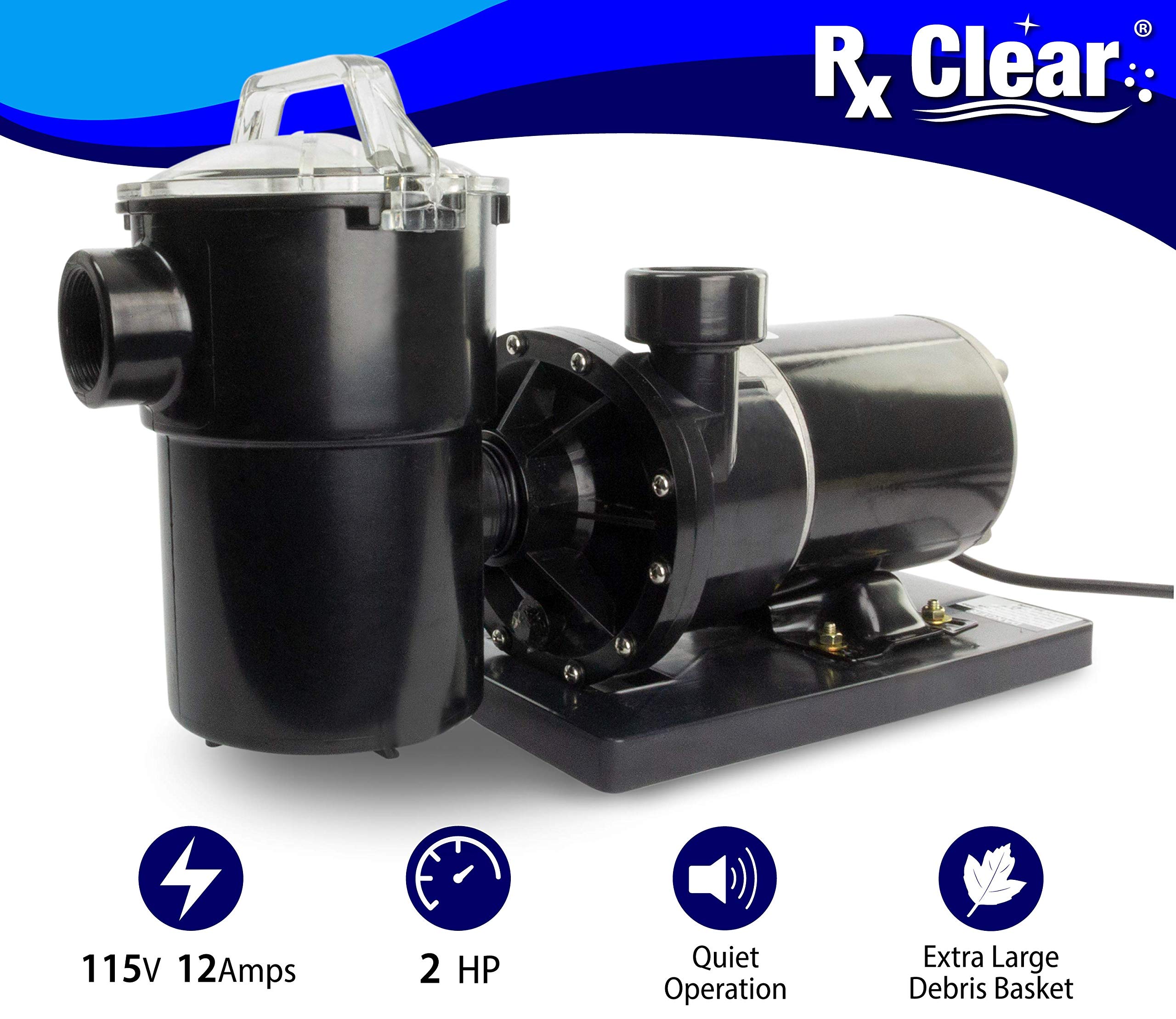 Rx Clear Niagara Pump - 2 HP Above Ground Swimming Pool Pump for Intex/Pop-Up Pools | 115V Electrical Hookup with 6-Foot UL Cord & Mounting Base | Perfect for Backyard, Inflatable & Frame Pools