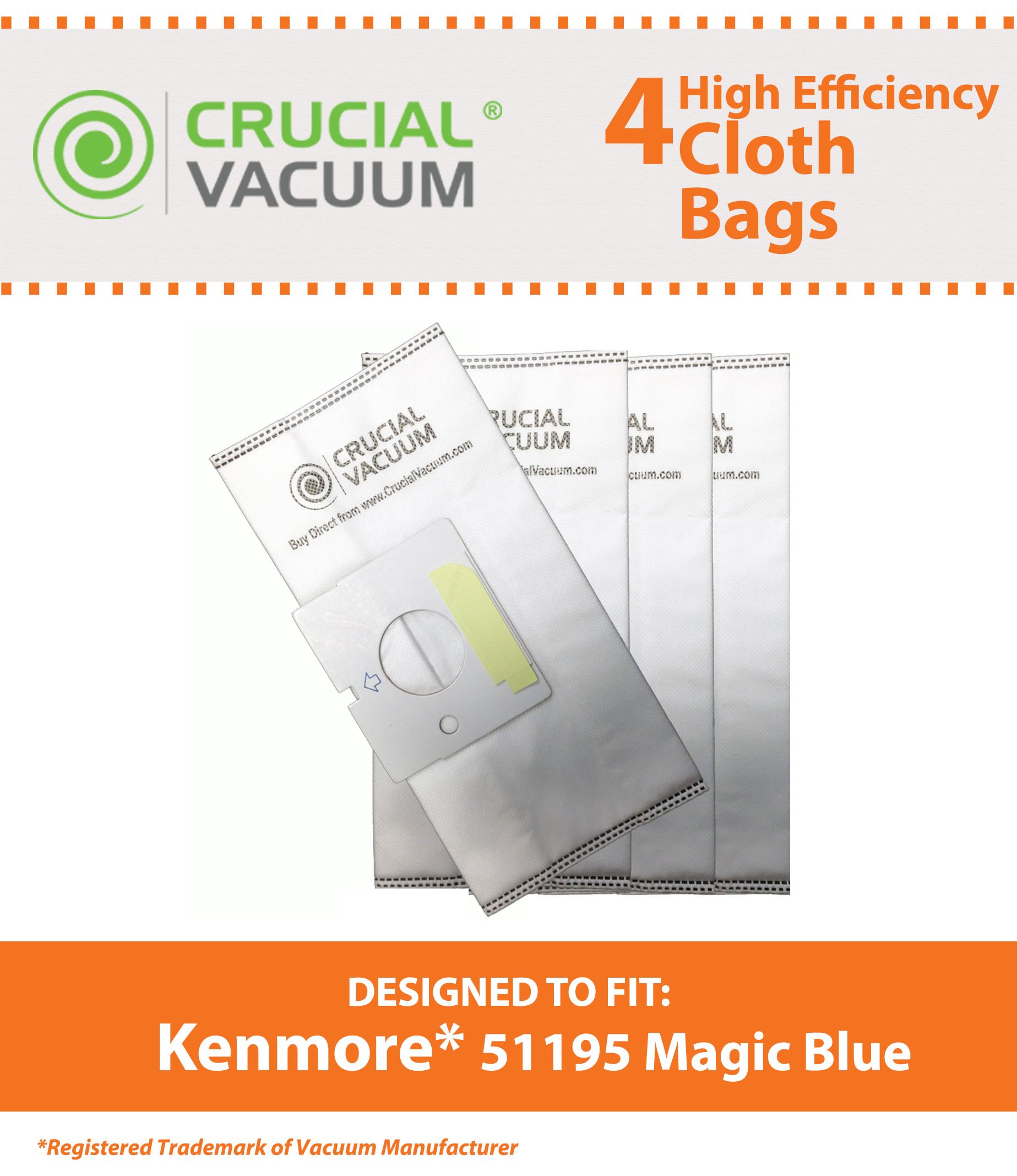 Kenmore 51195 Allergen Cloth 4-Pack Vacuum Bags - Compatible with Kenmore 51195 Magic Blue Canister Vacuum Cleaner - Ideal for Pet Hair, Dust & Allergen Removal in Home Cleaning