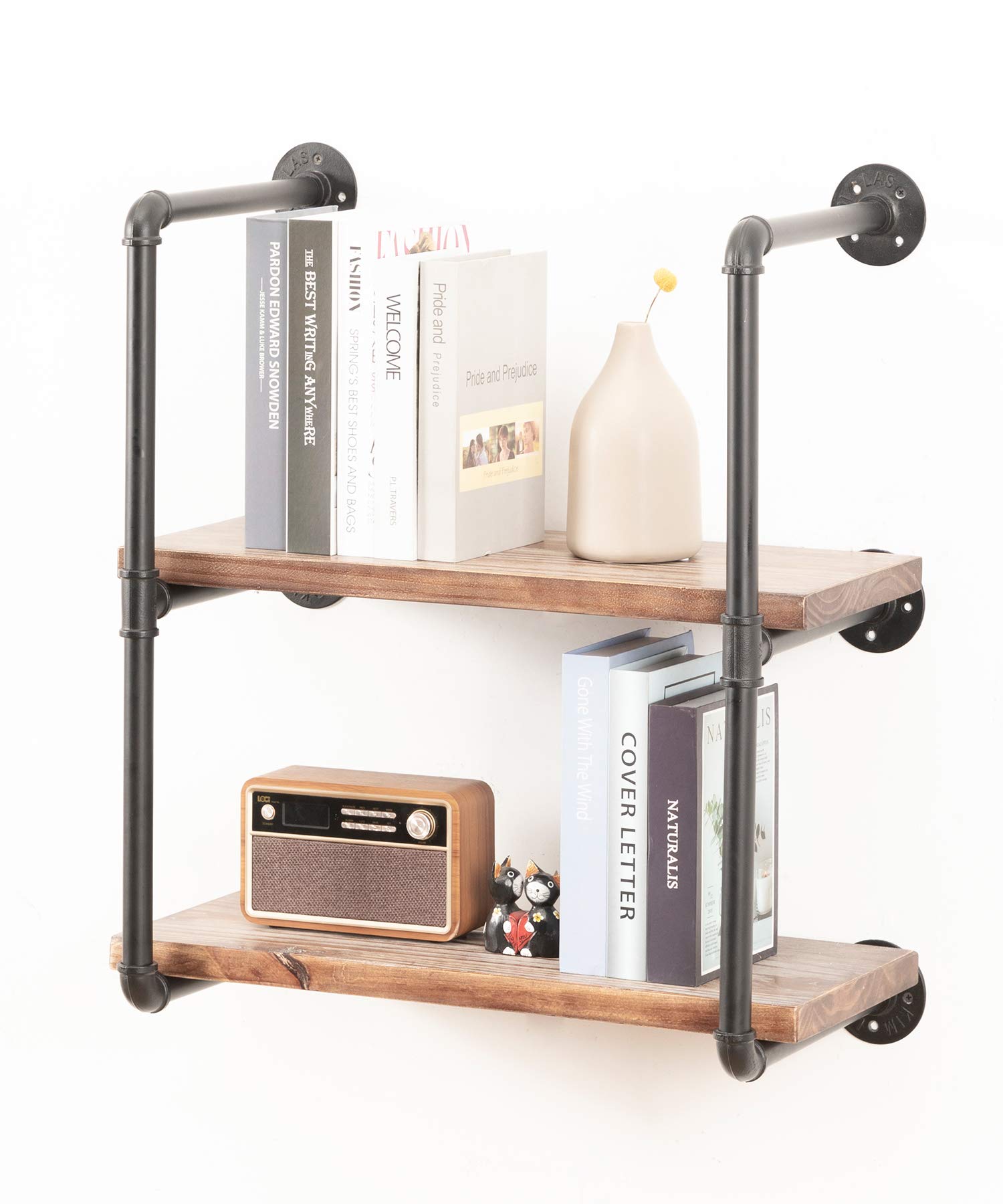 Industrial Wall Mounted Pipe Shelving - Rustic Metal Floating Shelves for Farmhouse, Steampunk & DIY Decor - Real Wood Bookcases & Hanging Shelves - 3-Tier with 2 Boards (24in) - Perfect for Kitchen, Bar, Office & Home Storage Organization