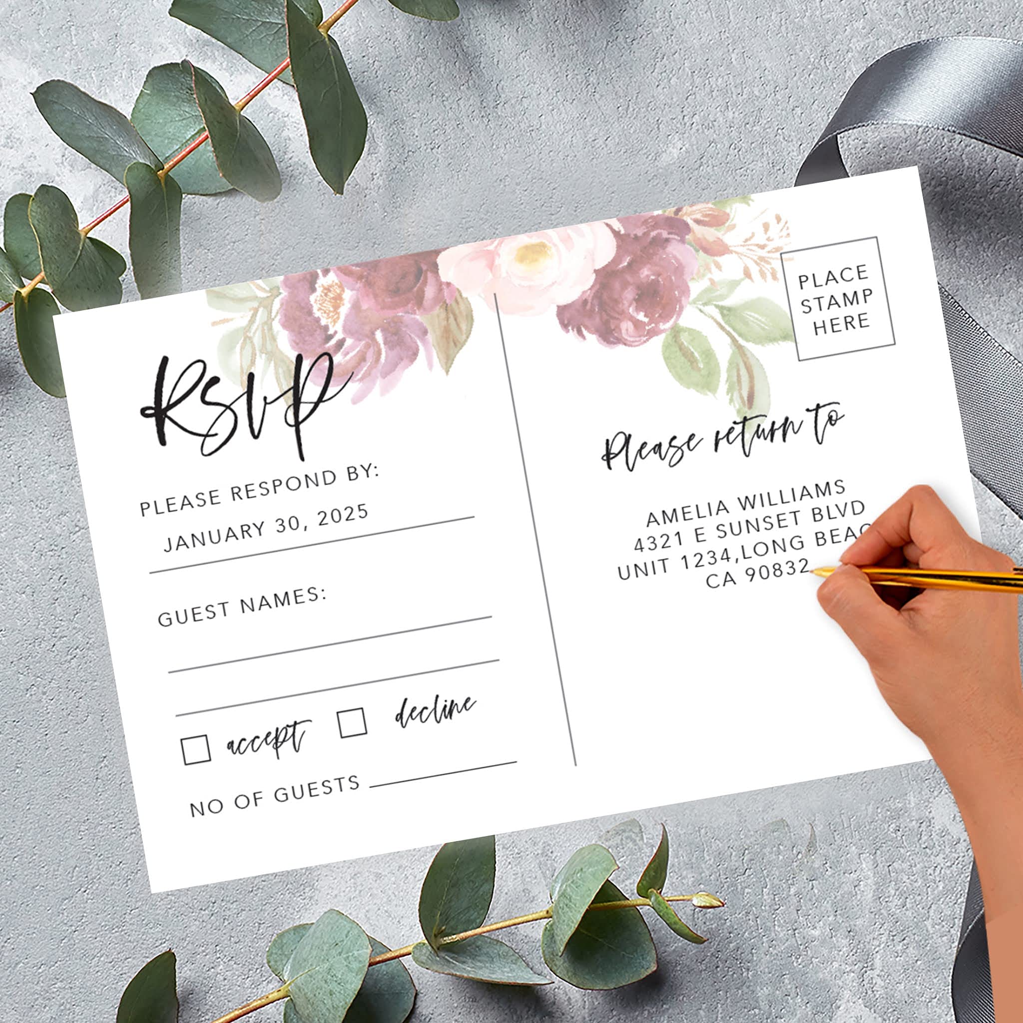 Personalized RSVP Postcards 56-Pack - Wedding, Bridal Shower & Baby Shower Invitations with Custom Date & Return Address - Elegant Pink & Burgundy Roses Design on Premium Cardstock (4