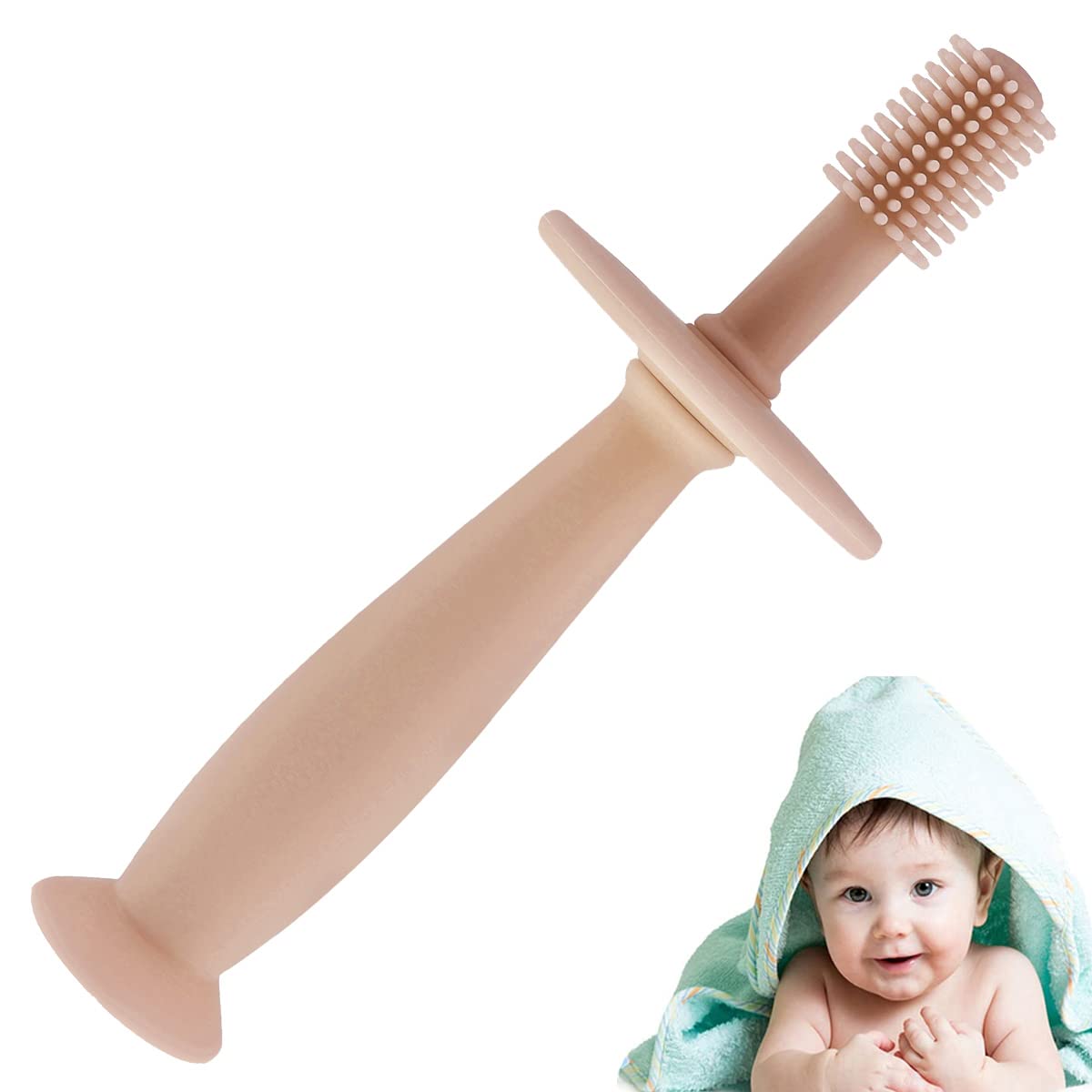 HOTBEST 360° Baby Toothbrush with Suction Base - Soft Silicone BPA-Free Infant Toothbrush with Round Guard for Oral Health Care - Perfect for Babies Learning to Brush (Pink) - Ideal for Bath Time, Teething Relief & Early Dental Hygiene Training