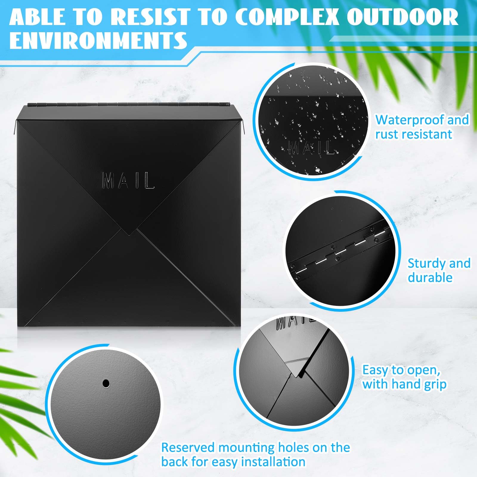 10 x 10 x 4 Inch Large Capacity Wall Mount Mailbox - Modern Black Steel Hanging Post Box for Outside with Parcel Protection | Perfect for Homes, Apartments & Offices