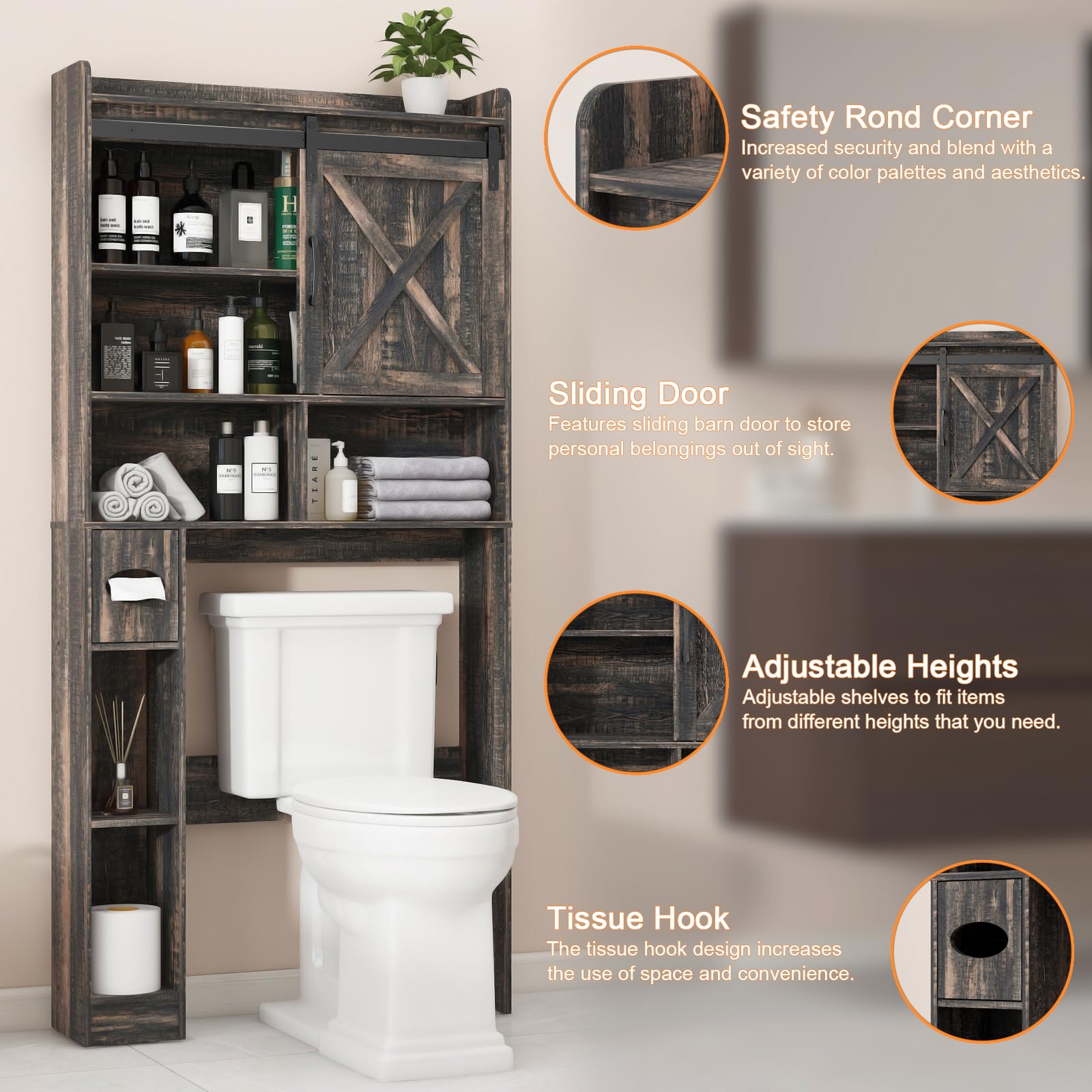 Farmhouse Over The Toilet Storage Cabinet with 2 Barn Doors & Toilet Paper Holder - Space Saving Bathroom Organizer for Towels, Toiletries & Essentials - Perfect for Small Bathrooms, Restrooms & Powder Rooms