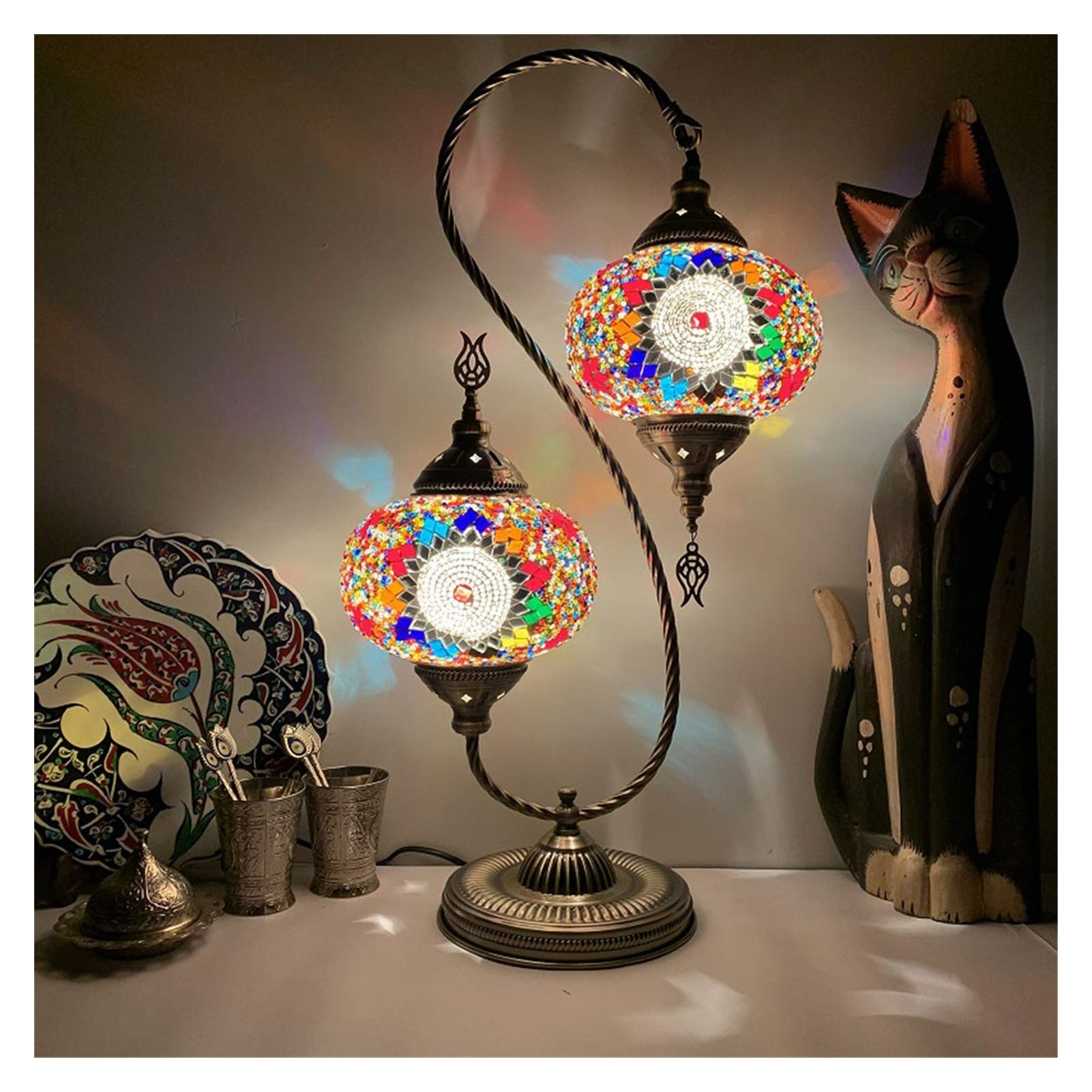 Vintage Turkish Double-Headed Table Lamp with E14 Screw Bulb - Retro Home Decor for Living Room, Bedroom, Office, Cafe & Hotel - Warm Orange Reading & Desk Light for Cozy Ambience