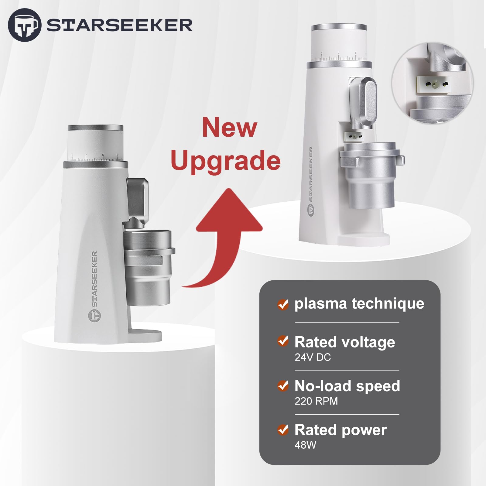 STARSEEKER EDGE Plasma Electric Coffee Grinder - Aluminum Automatic Coffee Bean Grinder for French Press, Drip Coffee & Espresso - Adjustable Fineness with Magnetic Cup - Perfect for Home, Office & Travel (White)