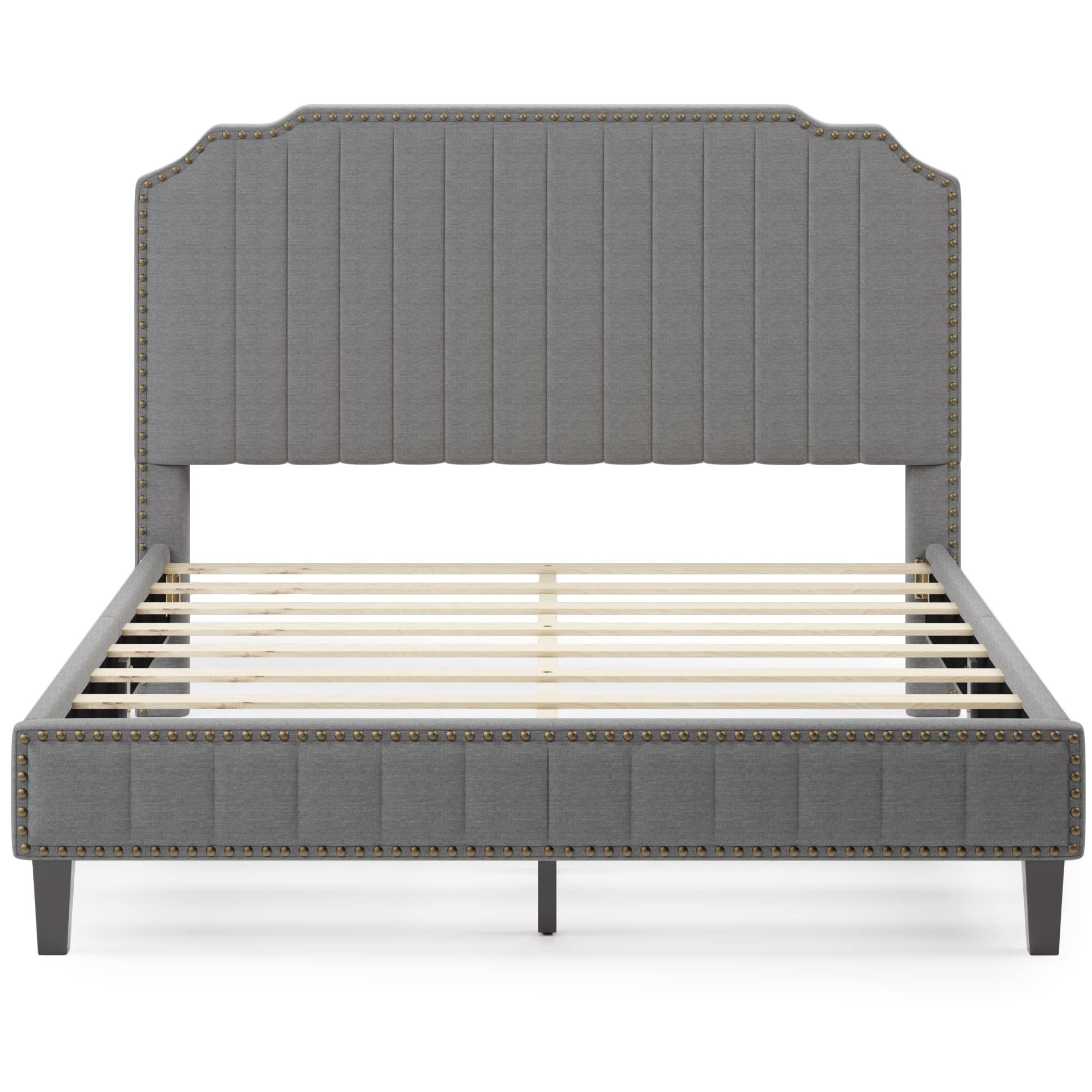 Modern Upholstered Full Size Platform Bed Frame with Solid Wood Structure - Grey Linen Fabric Headboard & Nailhead Trim - Perfect for Master Bedroom, Guest Room & Apartment Sleeping
