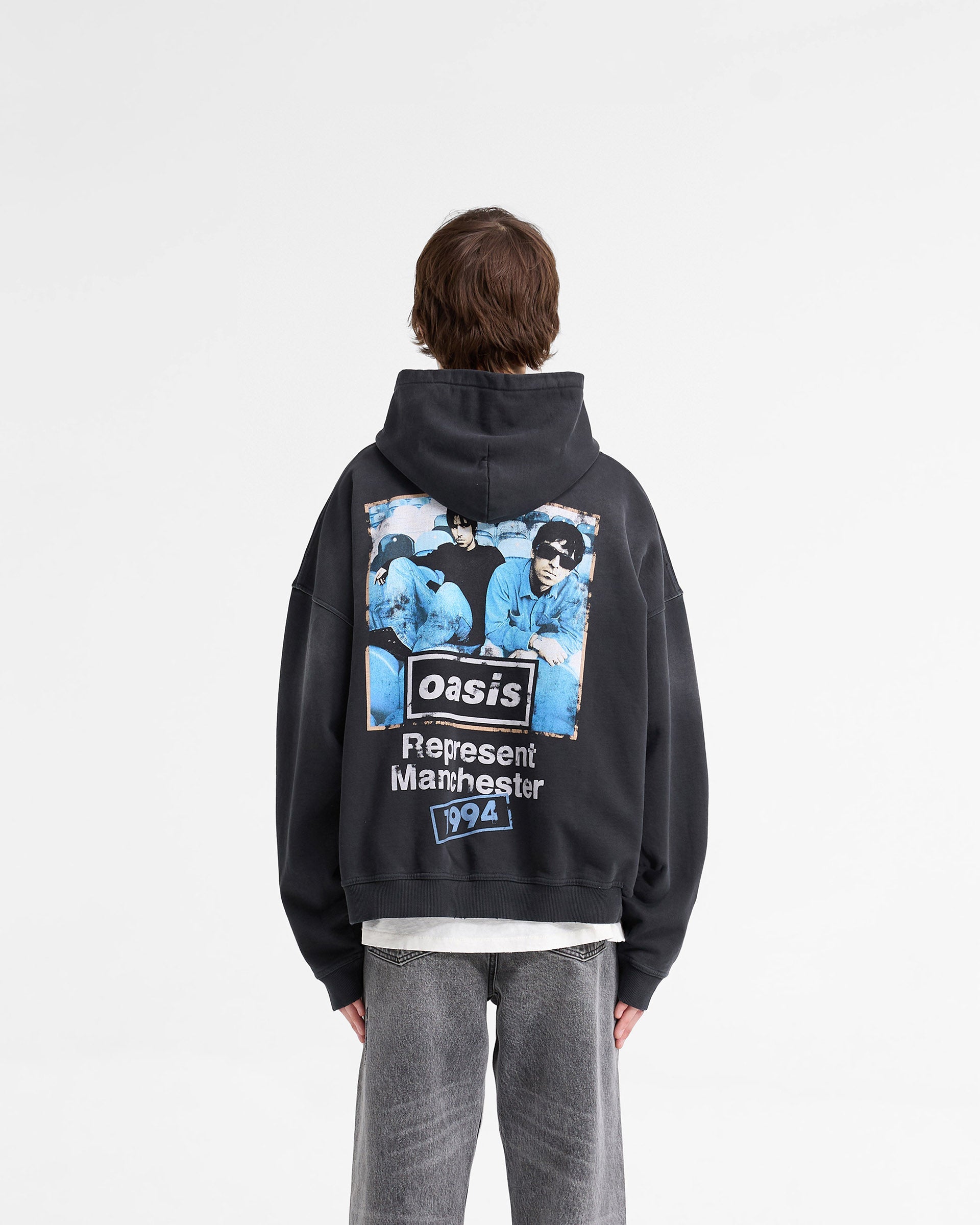 Represent X Oasis Maine Road Hoodie - Washed Black | Vintage-Inspired Unisex Hooded Sweatshirt for Casual Wear & Street Style