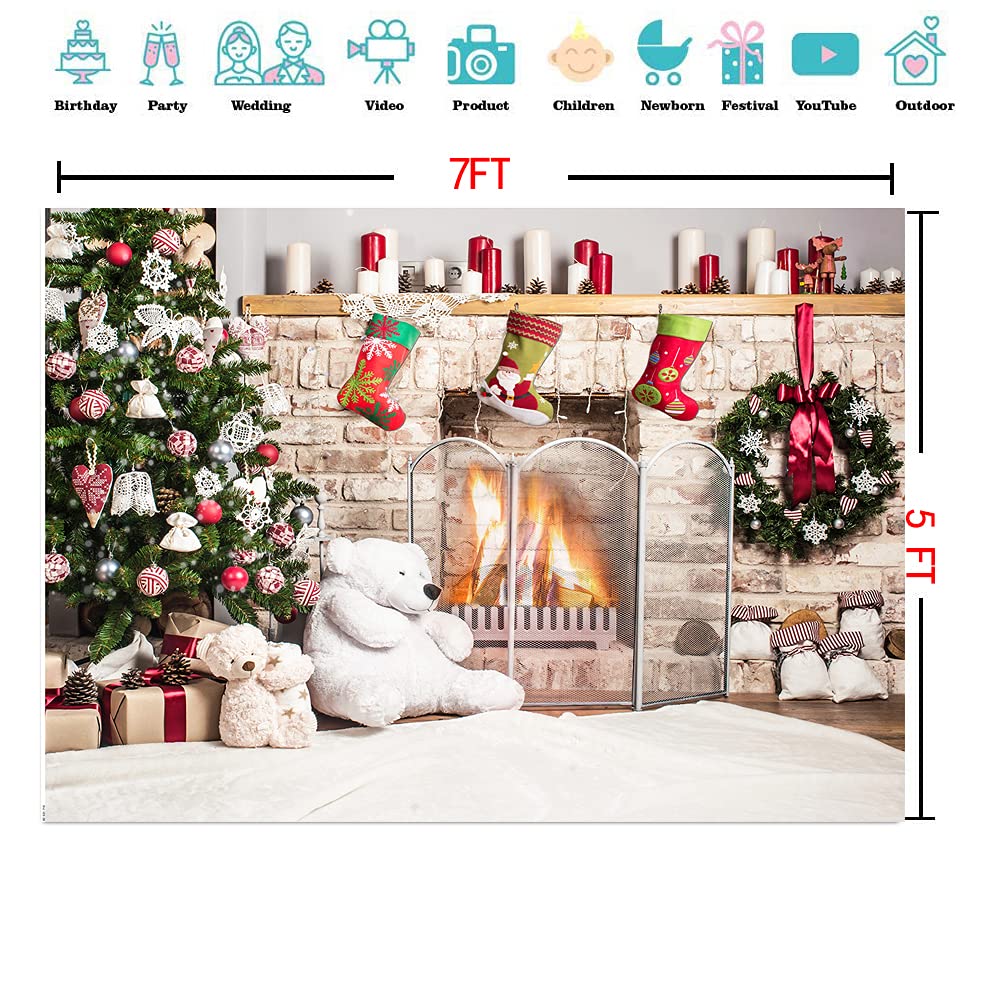 7x5ft Christmas Backdrop - Fireplace with White Brick & Bear for Kids Studio Photography
